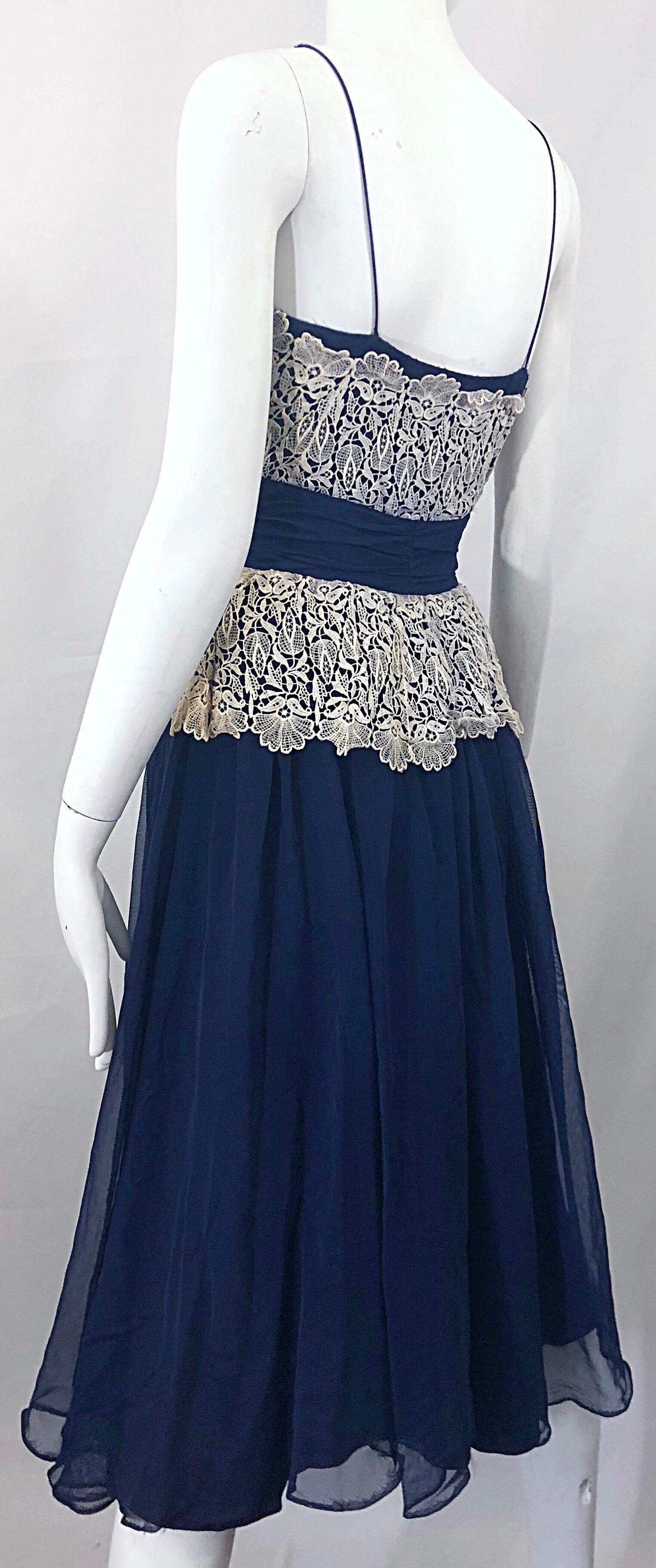 Beautiful 1950s Fred Perlberg Navy Blue +  Ivory Rhinestone 50s Vintage Dress For Sale 4
