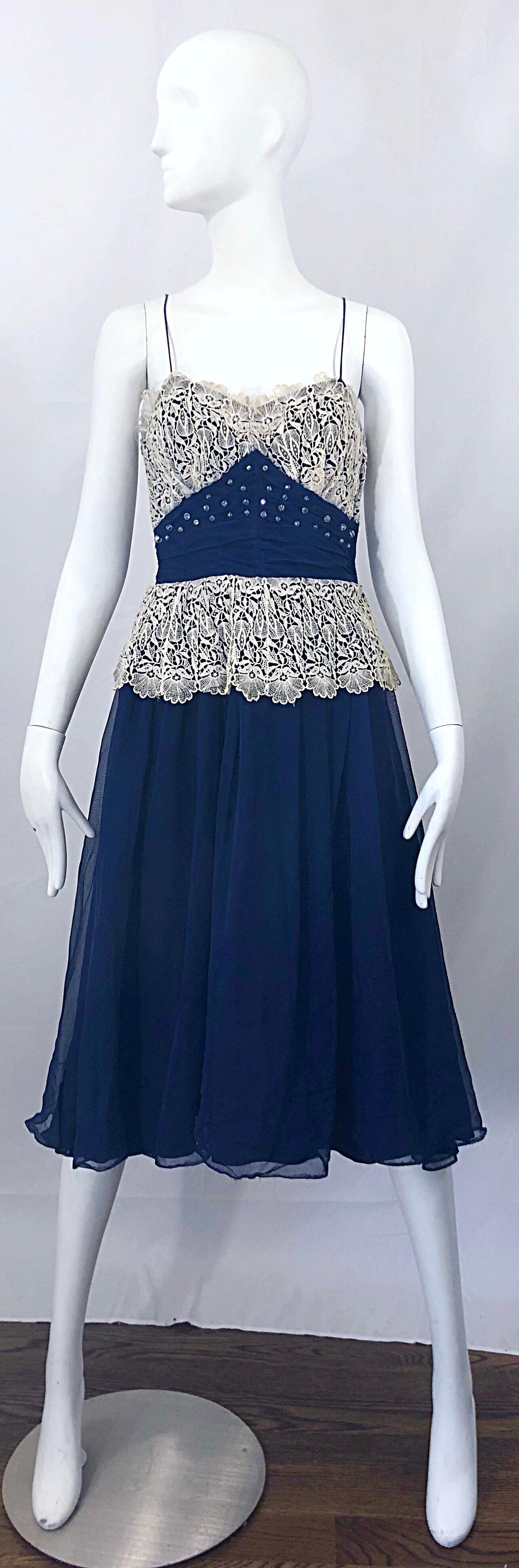 Beautiful 1950s Fred Perlberg Navy Blue +  Ivory Rhinestone 50s Vintage Dress For Sale 5