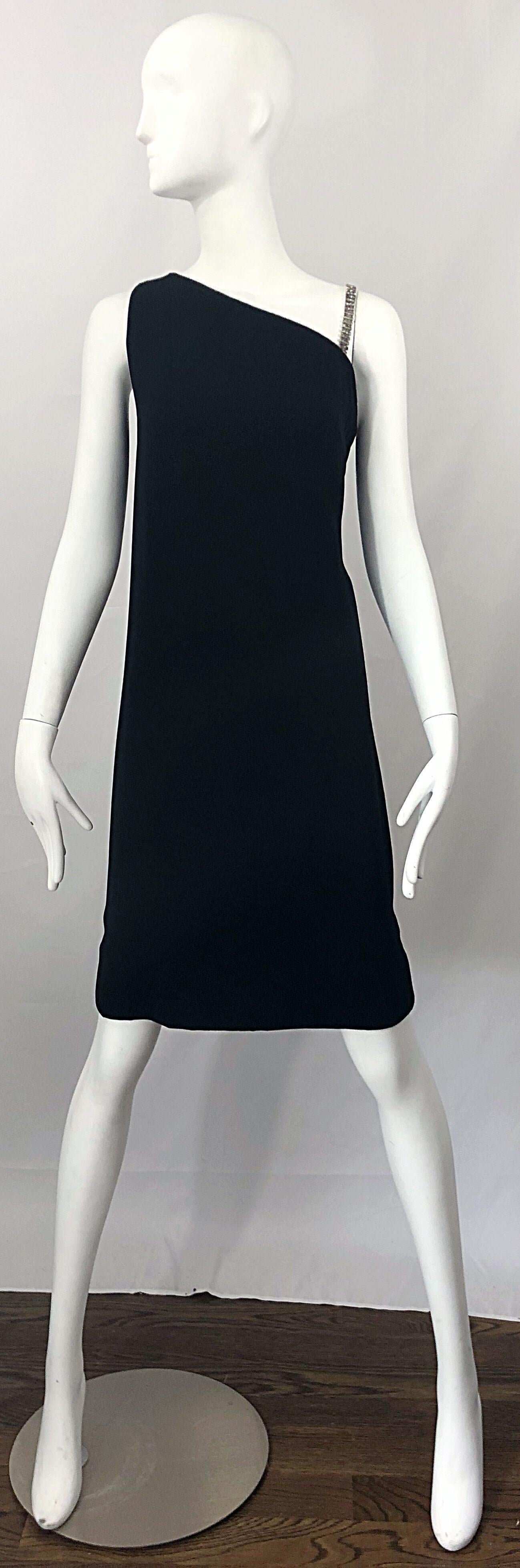 Stylish and elegant vintage 60s GUY D. Demi Couture one rhinestone shoulder plus size cocktail dress! Features a forgiving body, with impeccably tailored seams. Rhinestone shoulder strap has hidden hook-and-eye closure. Hidden metal zipper up the