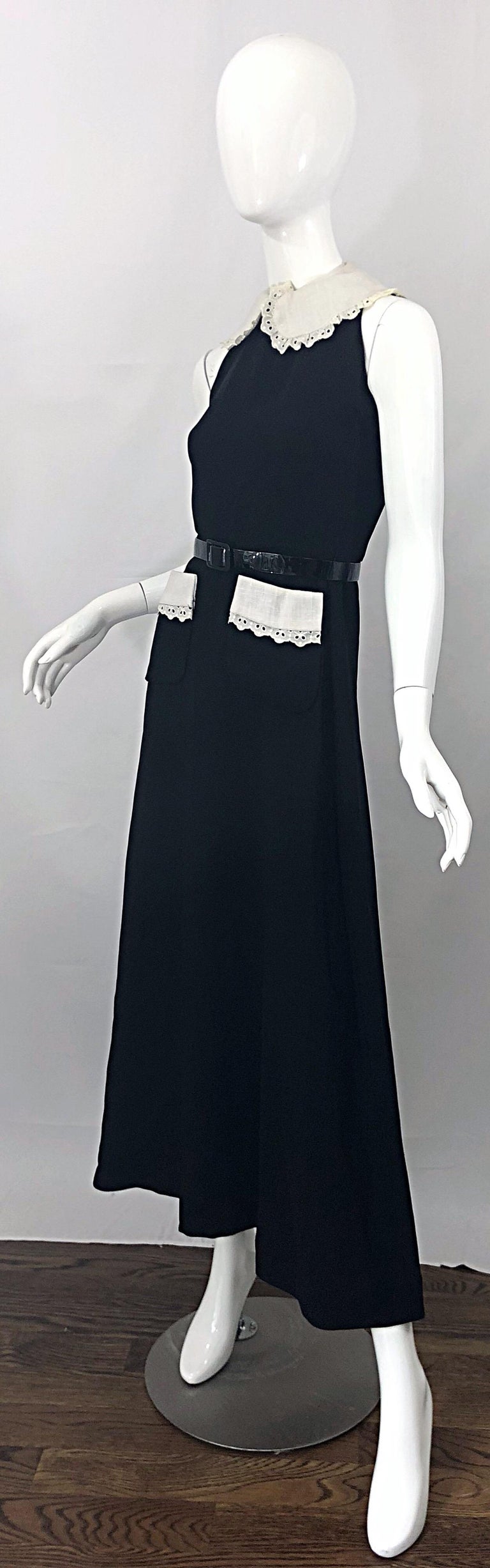 Women's 1970s Donald Brooks Black and White Crepe Belted Vintage 70s Maxi Dress For Sale