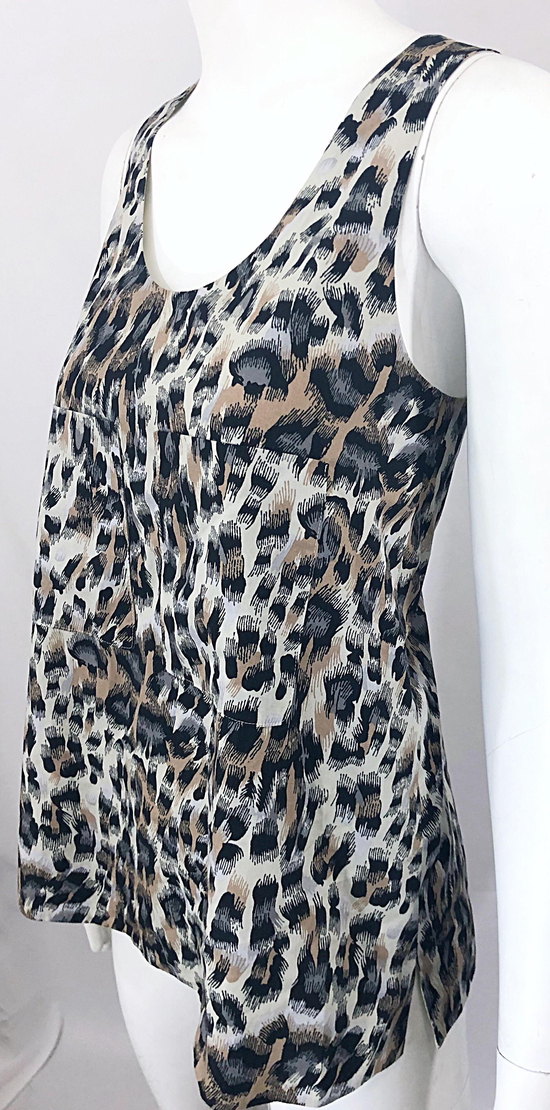 Black 1990s Chloe Leopard Cheetah Print Taupe + Gray + Brown 90s Sleeveless Tunic Top For Sale