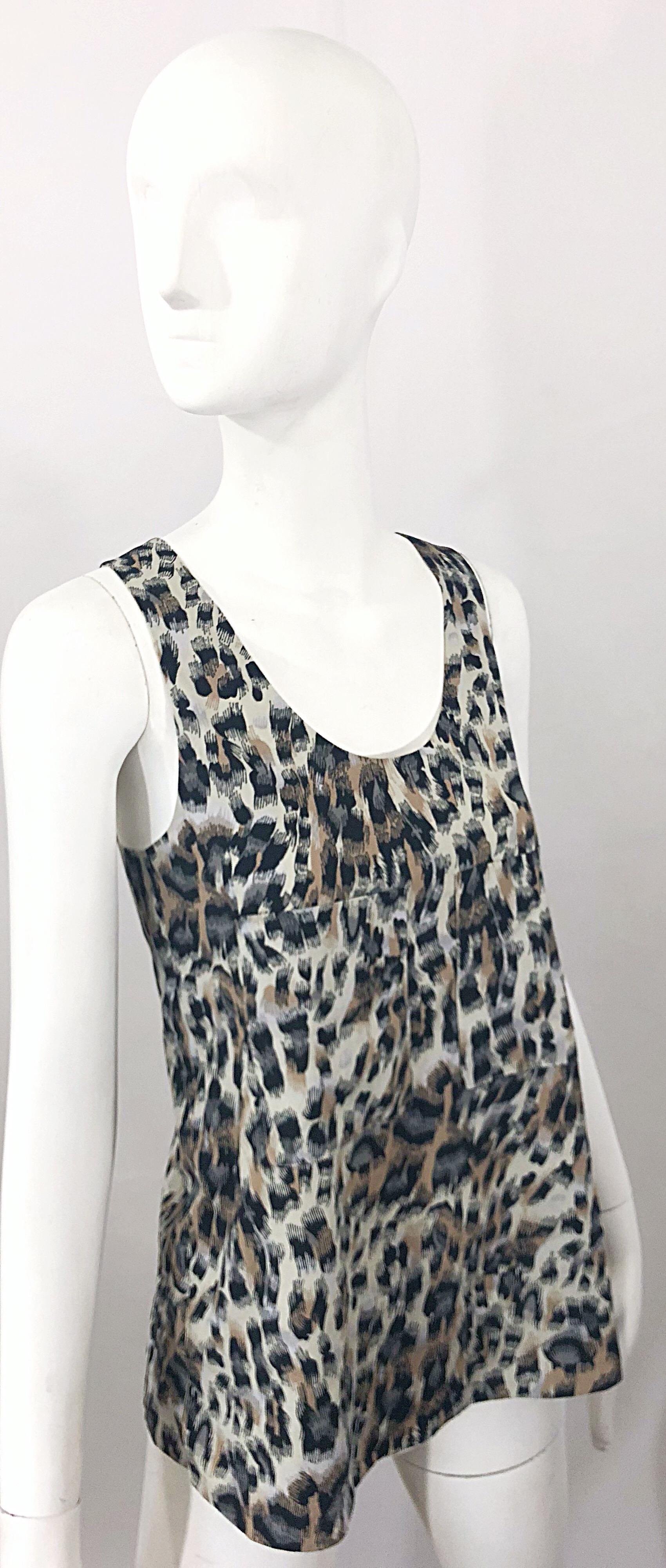 1990s Chloe Leopard Cheetah Print Taupe + Gray + Brown 90s Sleeveless Tunic Top In Excellent Condition For Sale In San Diego, CA