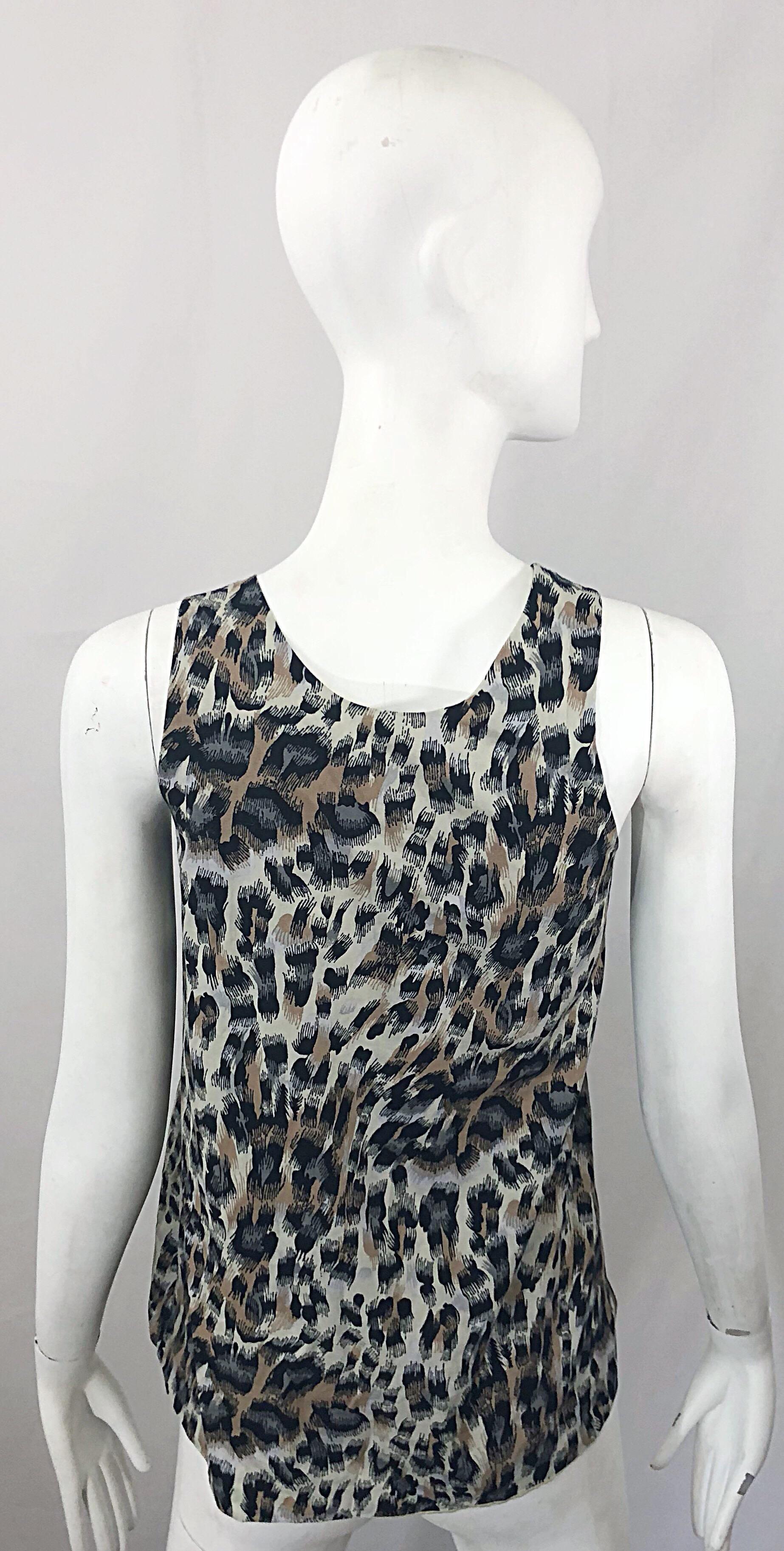 Women's 1990s Chloe Leopard Cheetah Print Taupe + Gray + Brown 90s Sleeveless Tunic Top For Sale