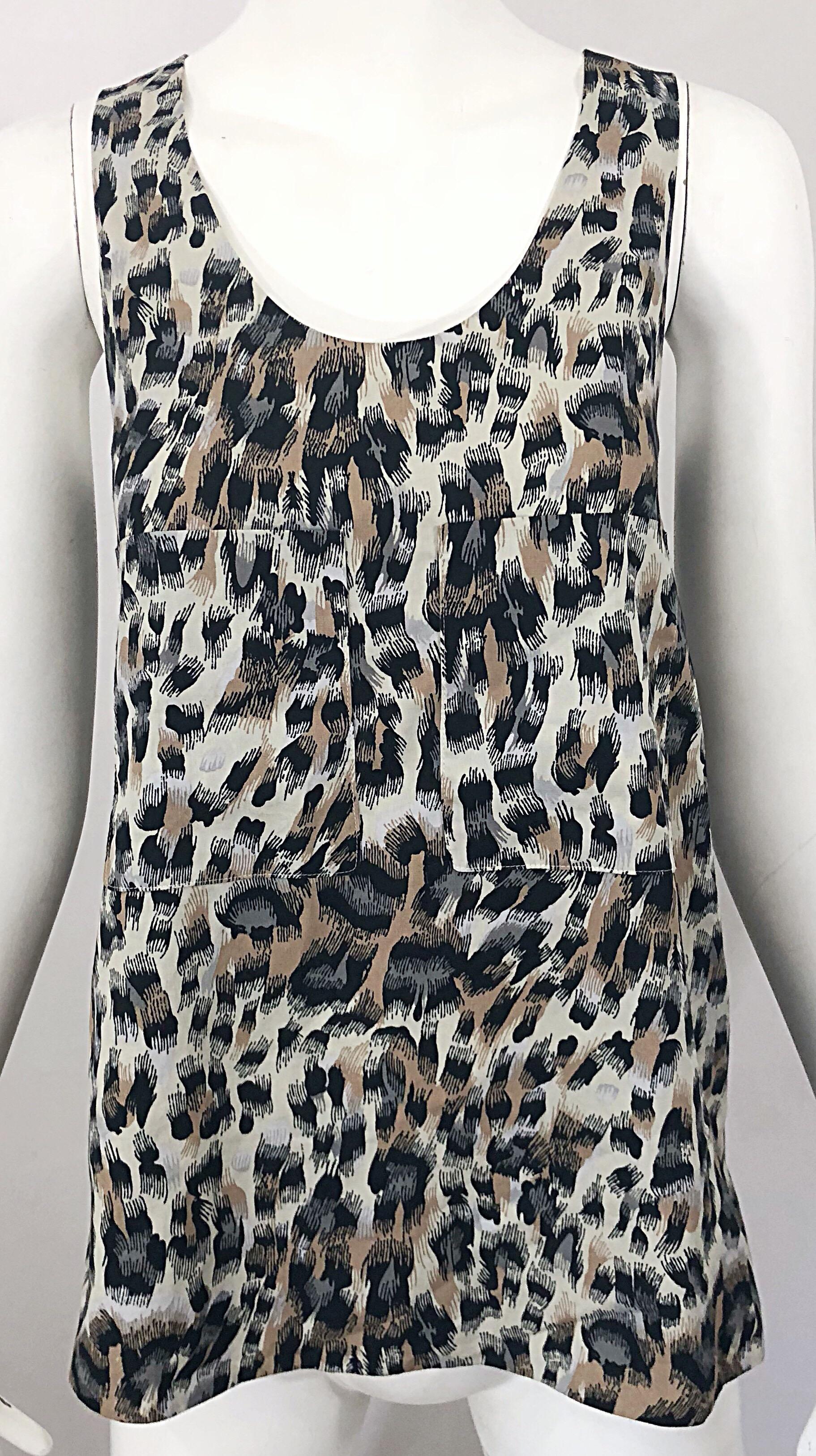 1990s Chloe Leopard Cheetah Print Taupe + Gray + Brown 90s Sleeveless Tunic Top For Sale 1
