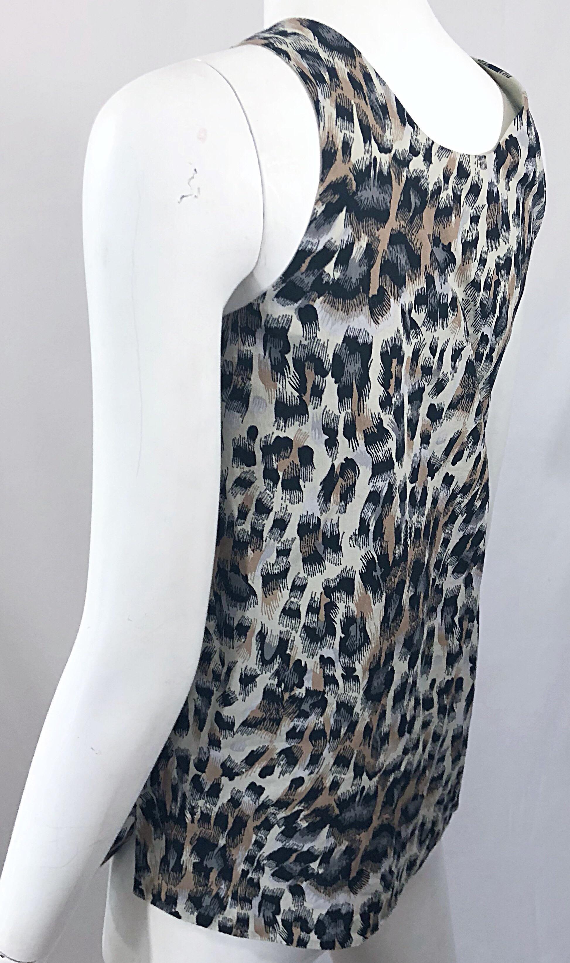 1990s Chloe Leopard Cheetah Print Taupe + Gray + Brown 90s Sleeveless Tunic Top For Sale 2