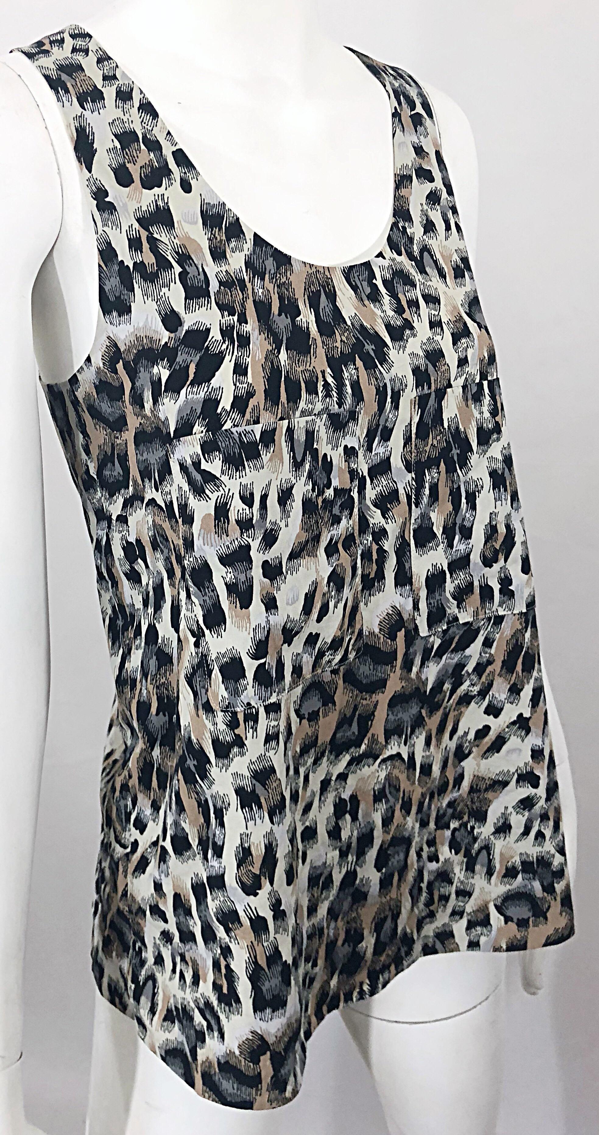1990s Chloe Leopard Cheetah Print Taupe + Gray + Brown 90s Sleeveless Tunic Top For Sale 3