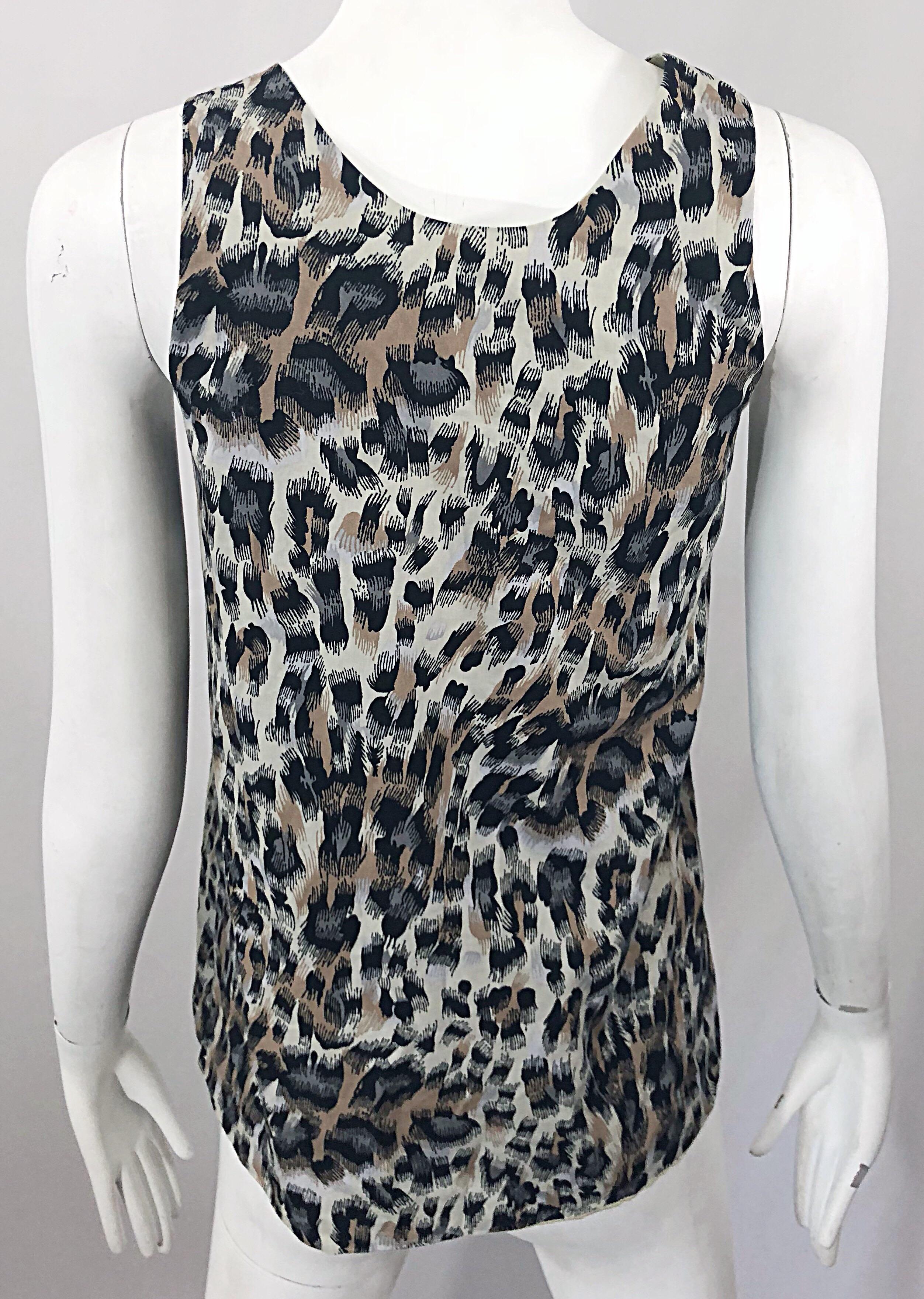 1990s Chloe Leopard Cheetah Print Taupe + Gray + Brown 90s Sleeveless Tunic Top For Sale 4