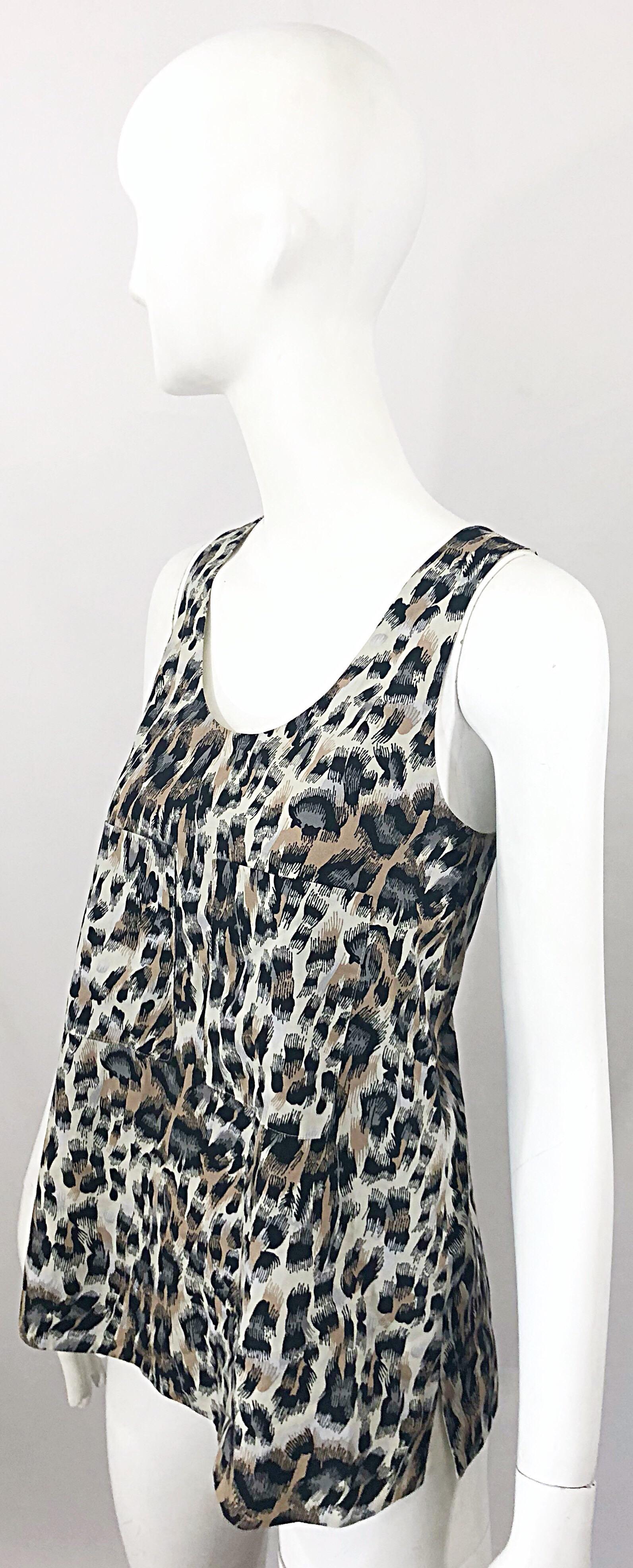 1990s Chloe Leopard Cheetah Print Taupe + Gray + Brown 90s Sleeveless Tunic Top For Sale 5