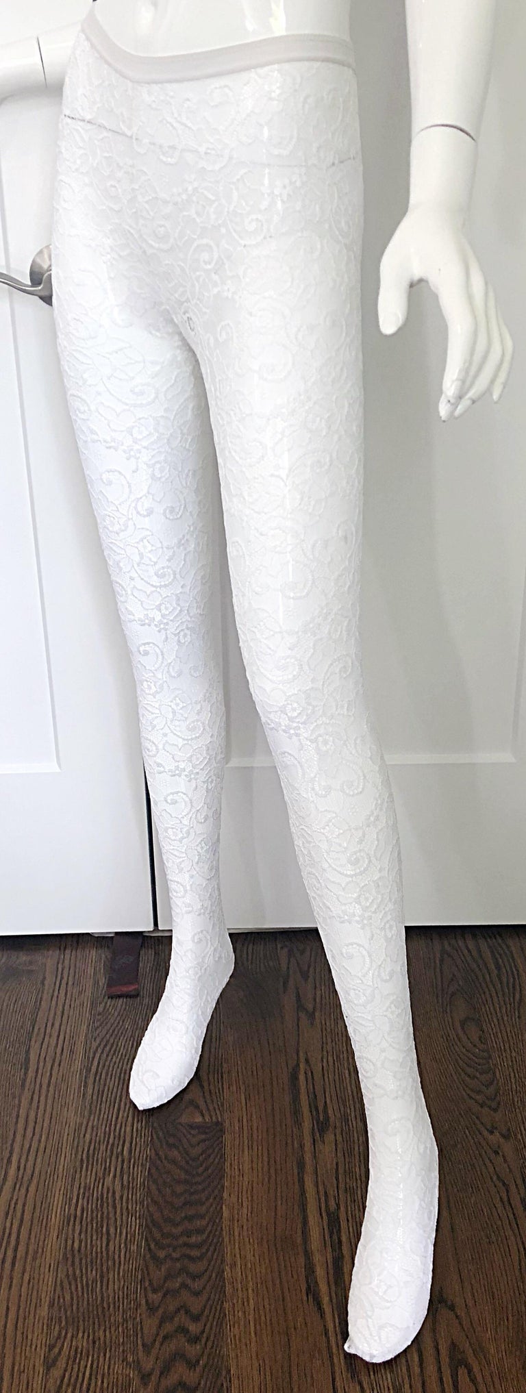 Never Worn Gianni Versace 1990s White Lace Vintage Panty Hose Leggings