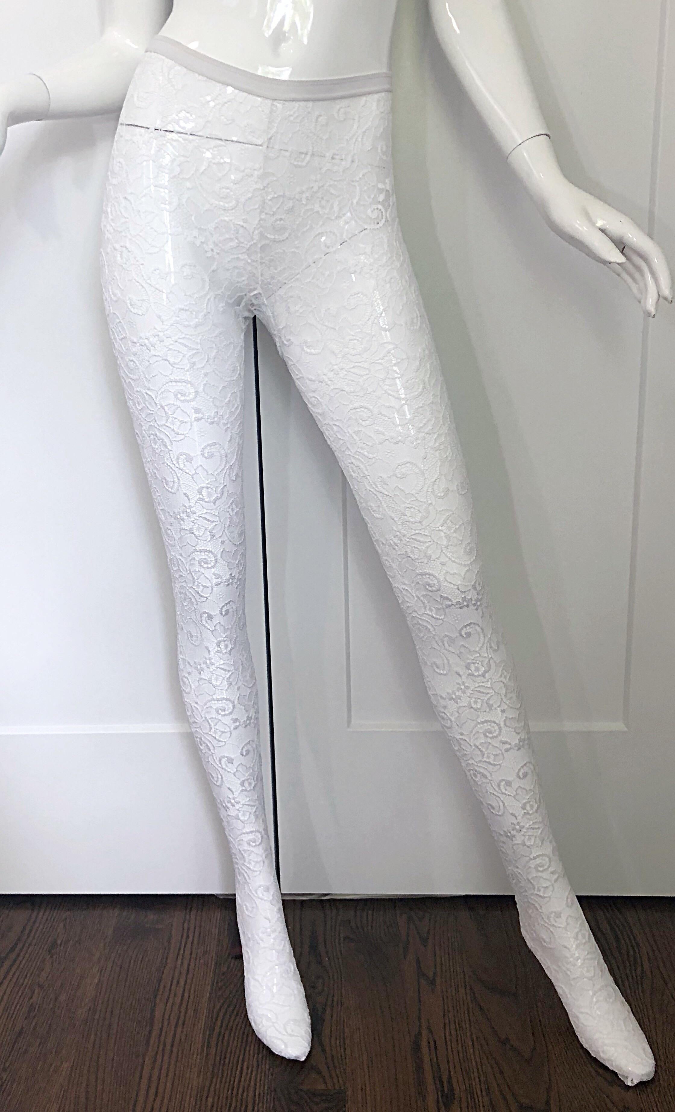 Gray Never Worn Gianni Versace 1990s White Lace Vintage Panty Hose Leggings Stockings