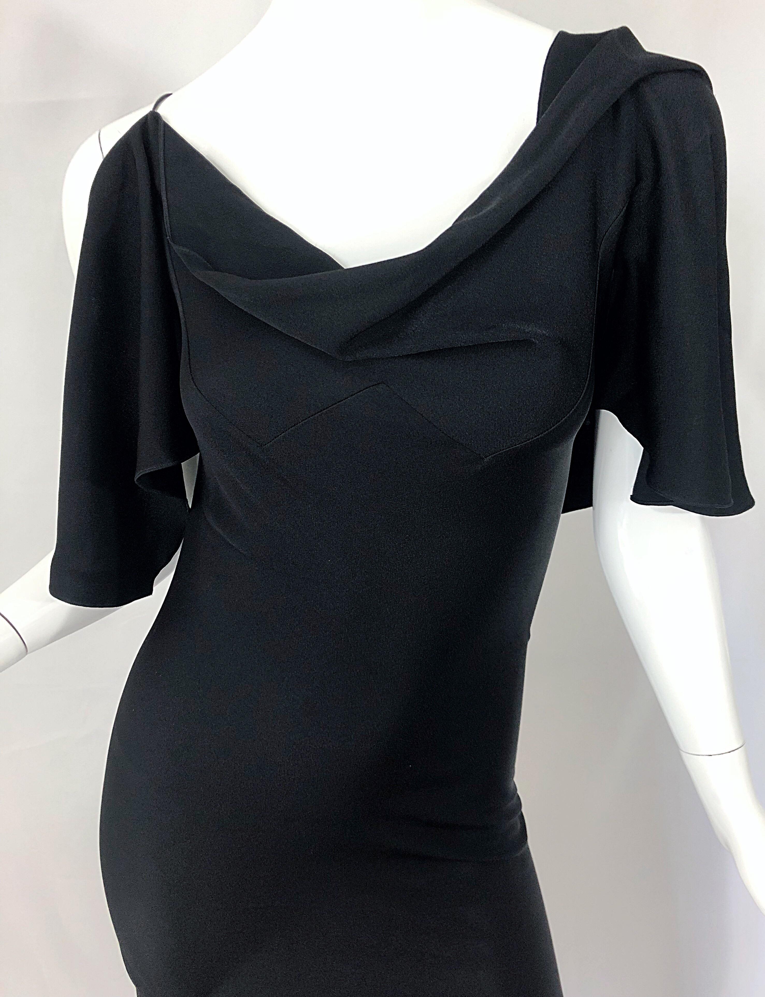 Exquisite early 2000s does 30s JOHN GALLIANO black one cold shoulder full length bias cut evening dress ! Features immaculate draping and gathers one would expect from this legendary designer. Soft Rayon and Acetate blend fabric offers just the