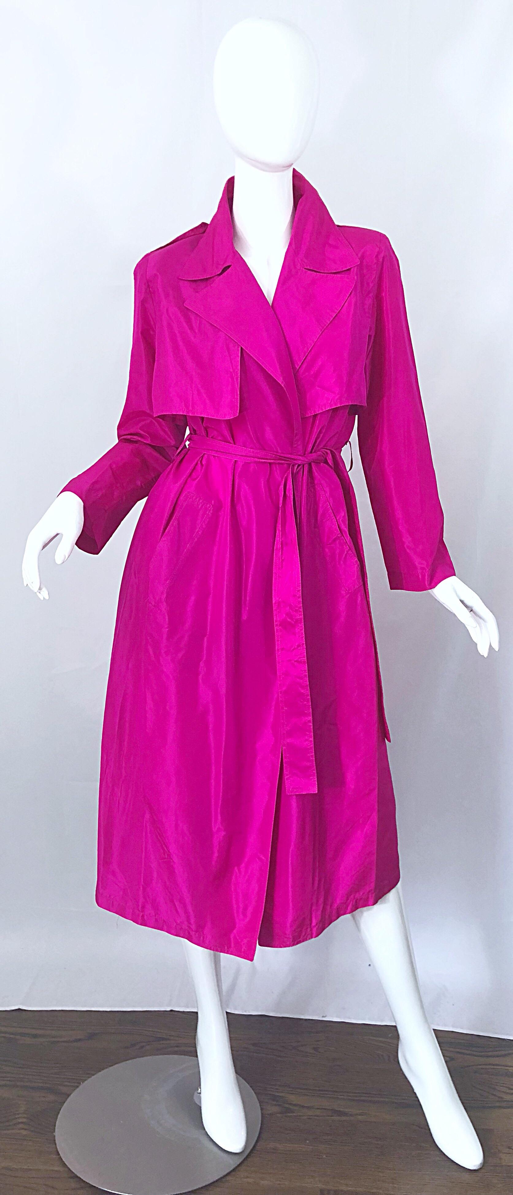 Amazing 1980s VICKY TIEL COUTURE hot pink / fuchsia lightweight silk trench jacket dress! One of the many things that I love about this rare gem is that it can double up as a jacket OR a dress! Exaggerated collar and lapels, with pockets at each