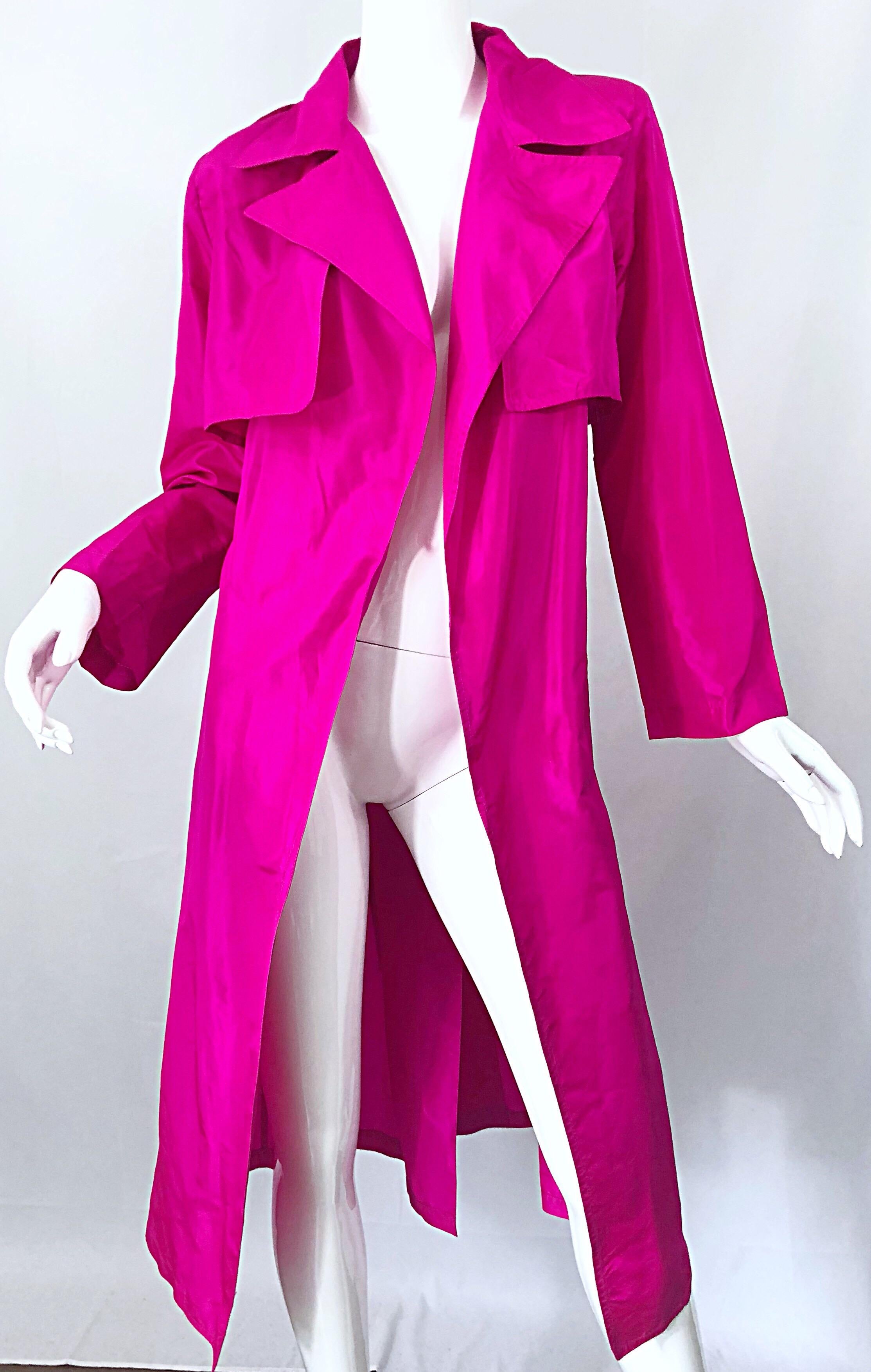 Vintage Vicky Tiel Couture 80s Hot Pink Fuchsia Silk 1980s Trecnch Jacket Dress In Excellent Condition In San Diego, CA