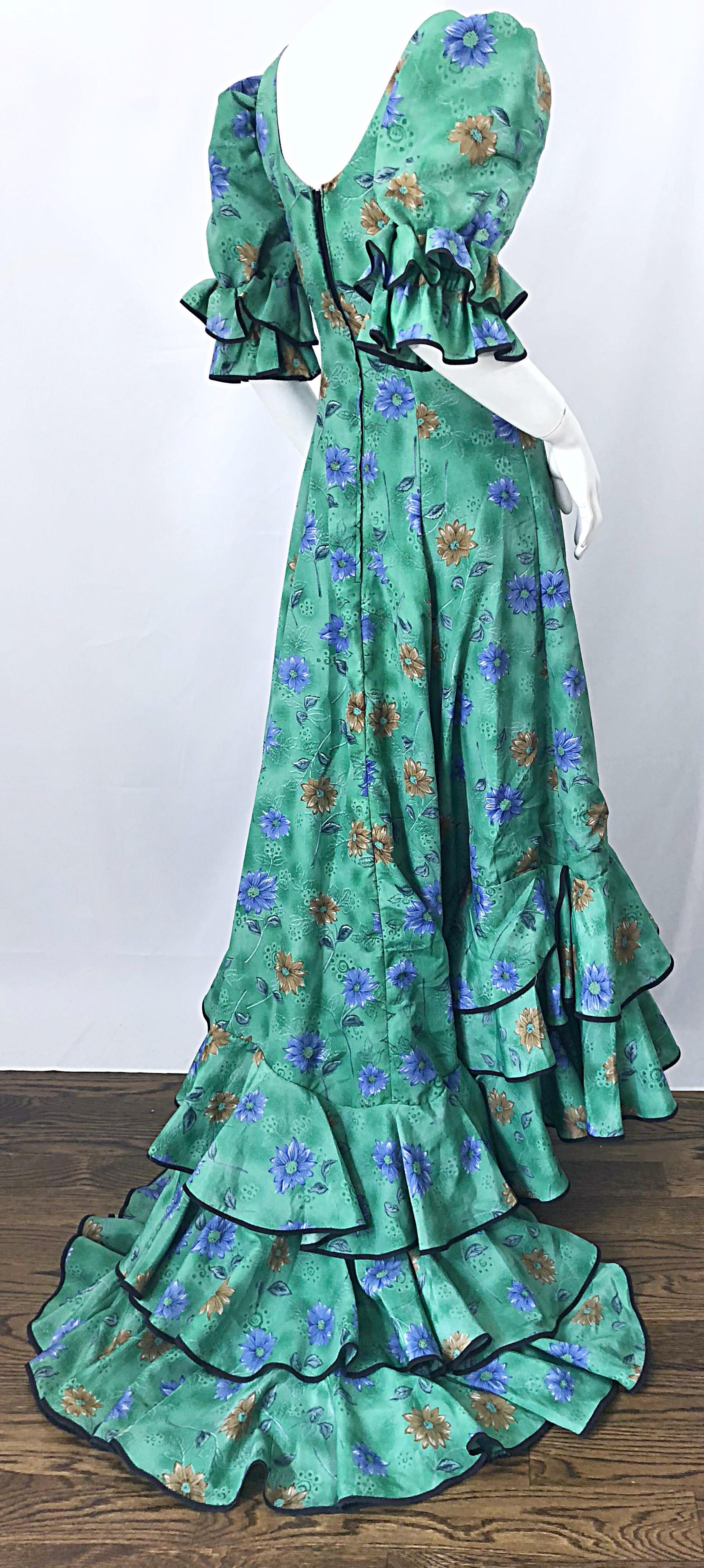 Amazing Vintage Victorian Inspired 1970s Does 1800s Steampunk Green Trained Gown In Excellent Condition For Sale In San Diego, CA