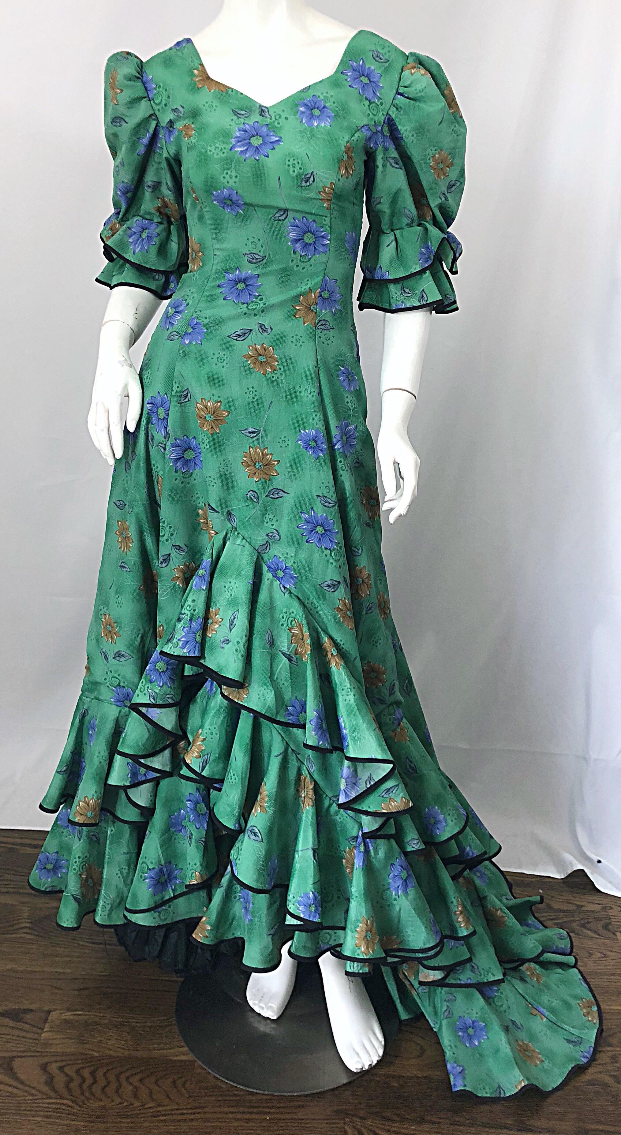Amazing Vintage Victorian Inspired 1970s Does 1800s Steampunk Green Trained Gown For Sale 2
