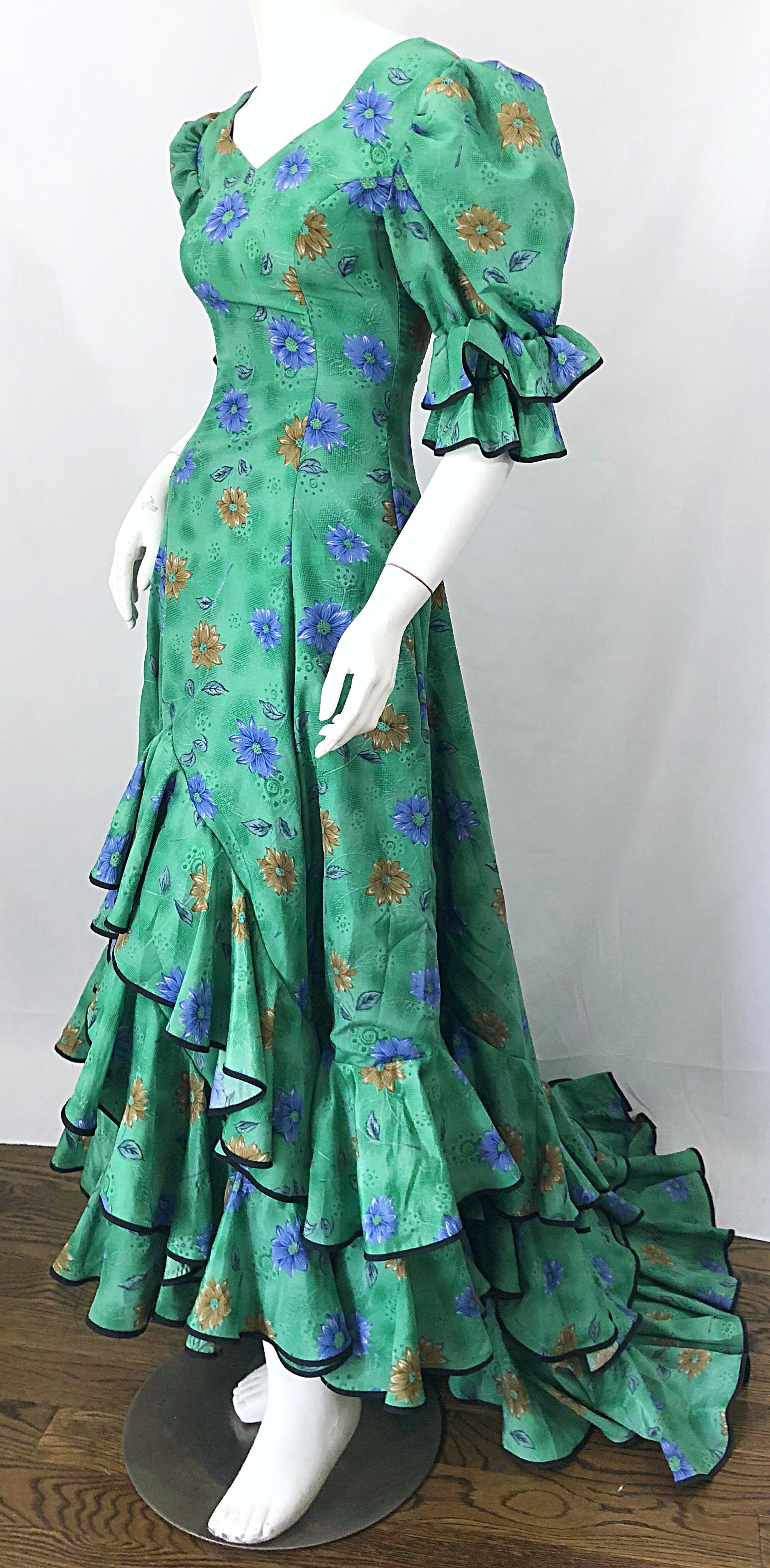 Amazing Vintage Victorian Inspired 1970s Does 1800s Steampunk Green Trained Gown For Sale 3
