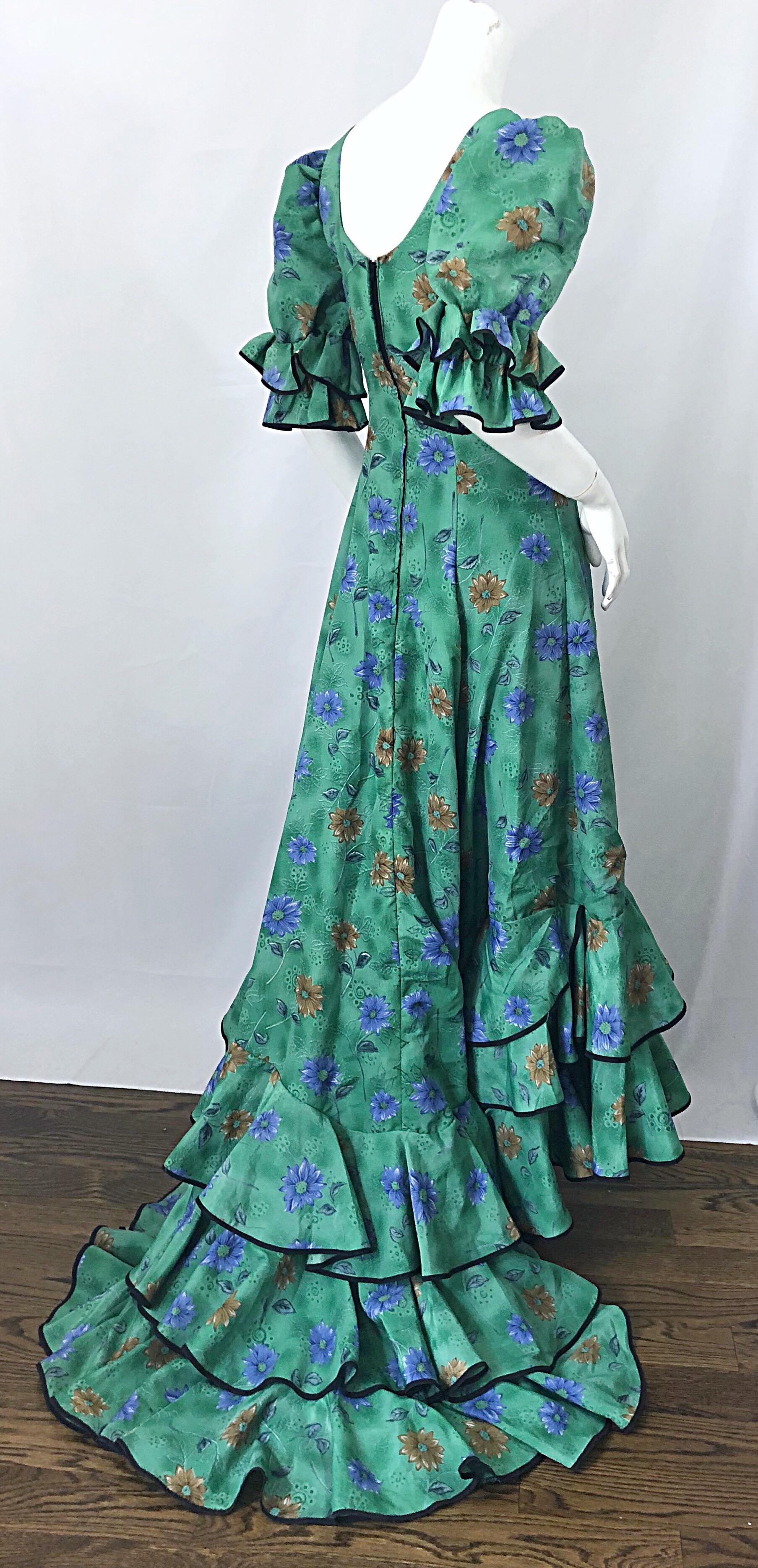 Amazing Vintage Victorian Inspired 1970s Does 1800s Steampunk Green Trained Gown For Sale 4