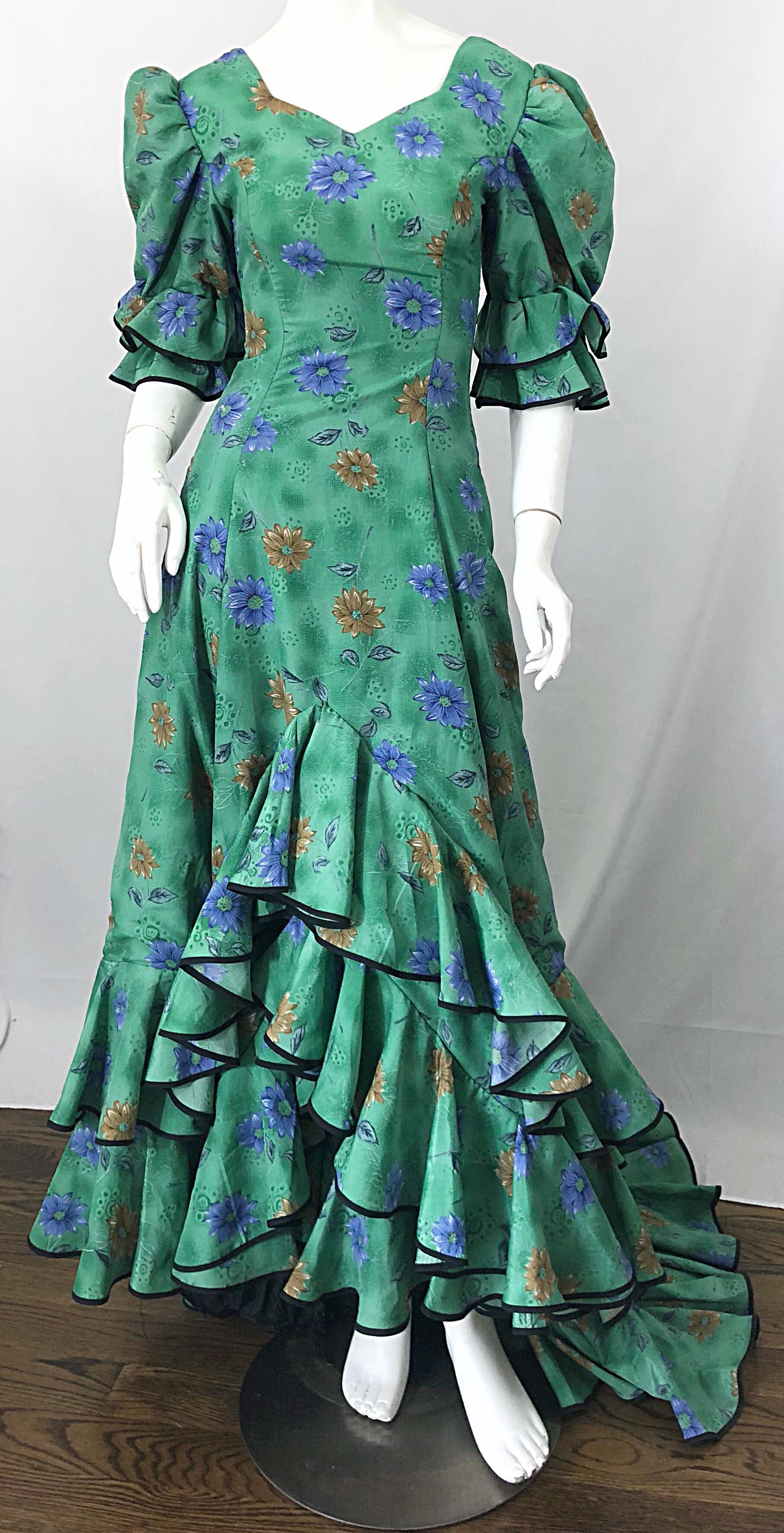 Amazing Vintage Victorian Inspired 1970s Does 1800s Steampunk Green Trained Gown For Sale 5
