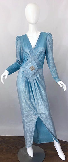 Amazing 1980s Cher Jacque Sky Blue Lurex Rhinestone Vintage 80s Evening Gown
