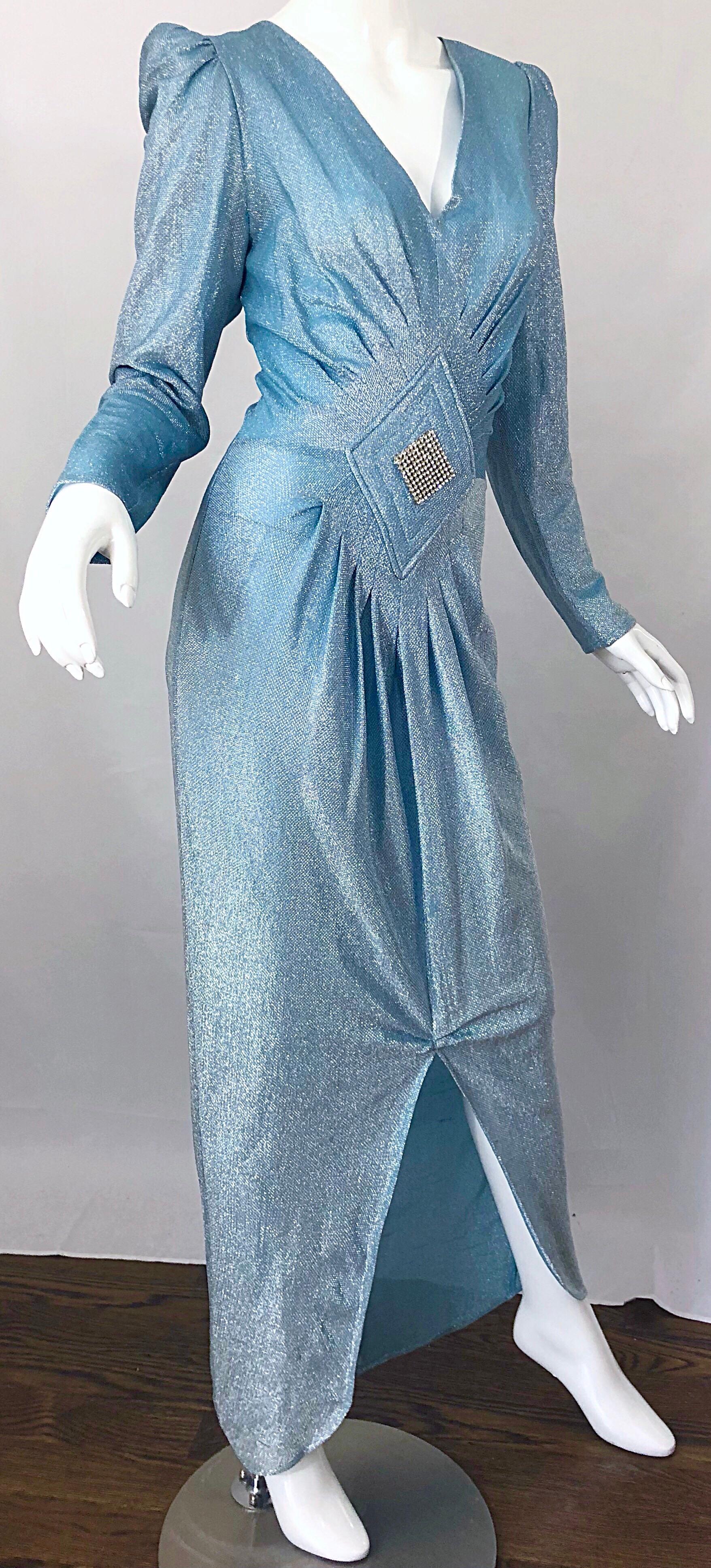 Amazing 1980s Cher Jacque Sky Blue Lurex Rhinestone Vintage 80s Evening Gown In Good Condition In San Diego, CA
