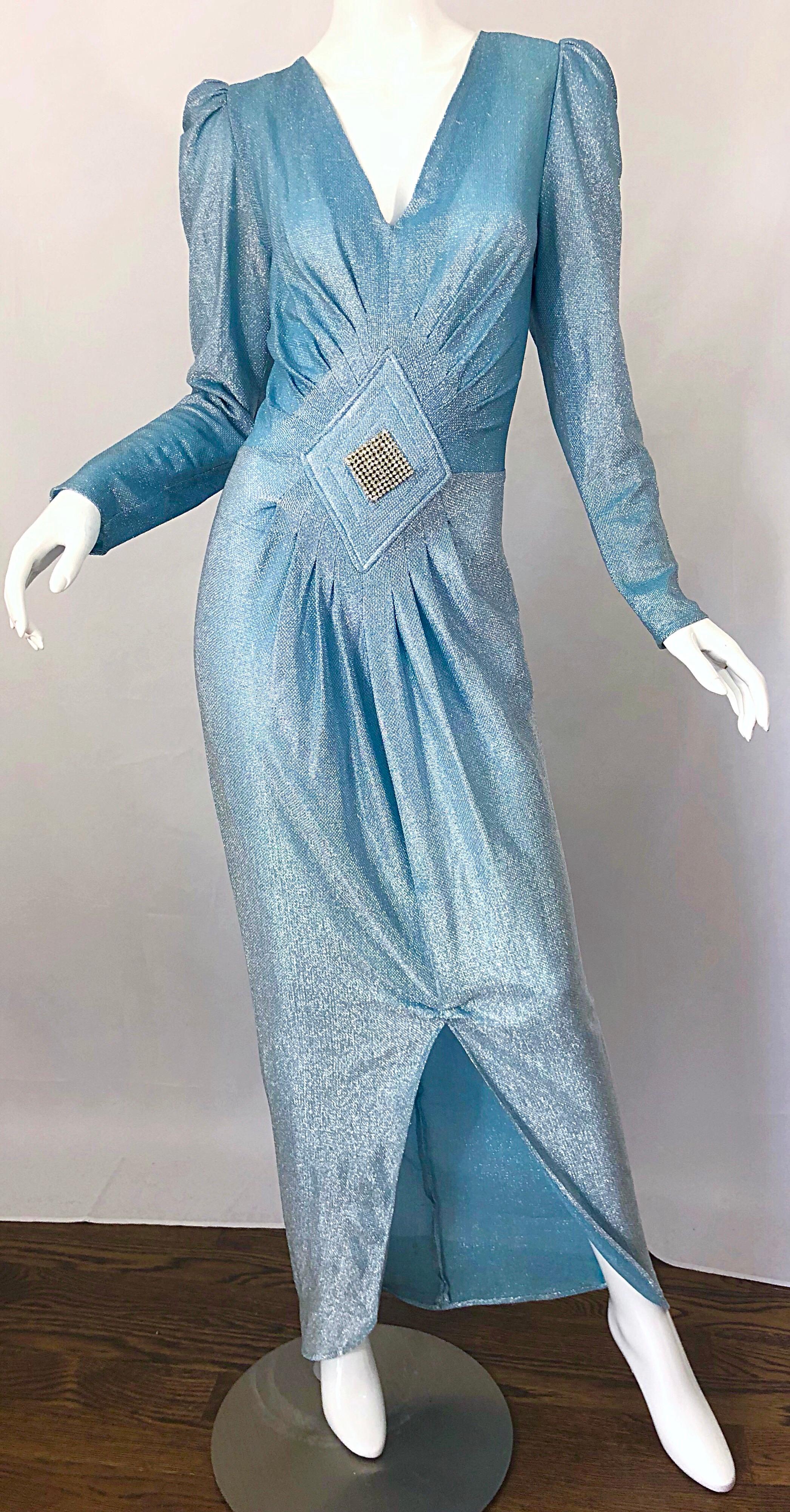 Women's Amazing 1980s Cher Jacque Sky Blue Lurex Rhinestone Vintage 80s Evening Gown