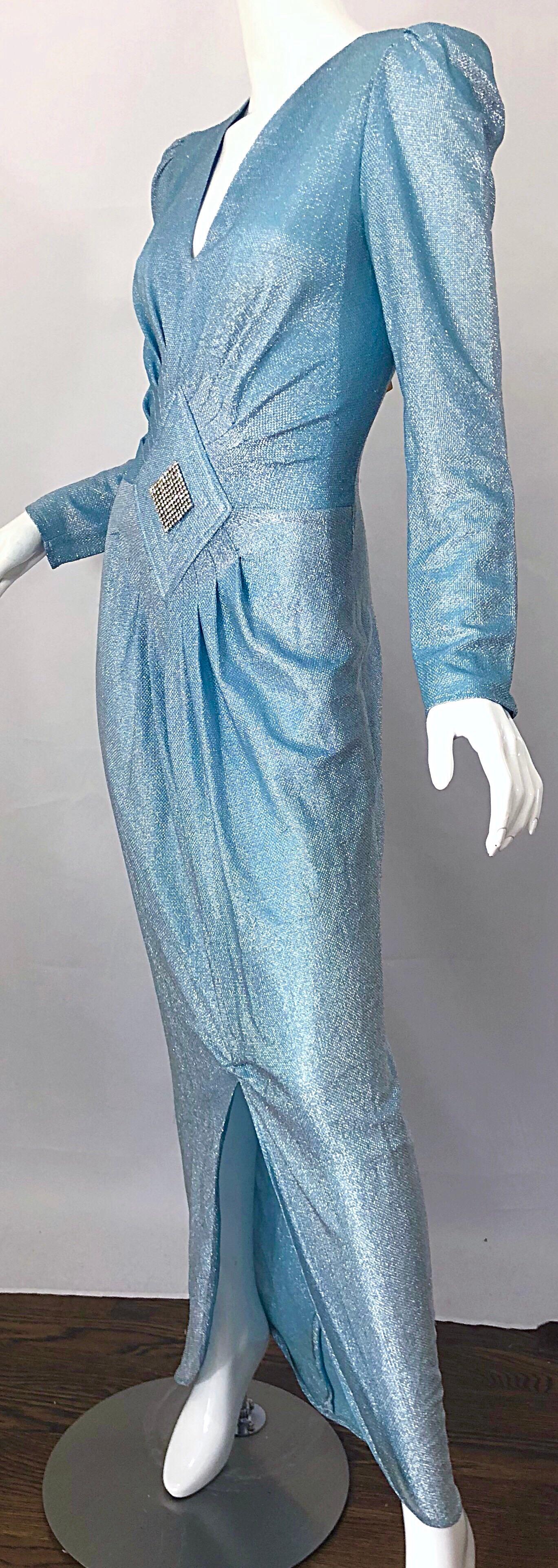 Amazing 1980s Cher Jacque Sky Blue Lurex Rhinestone Vintage 80s Evening Gown 2