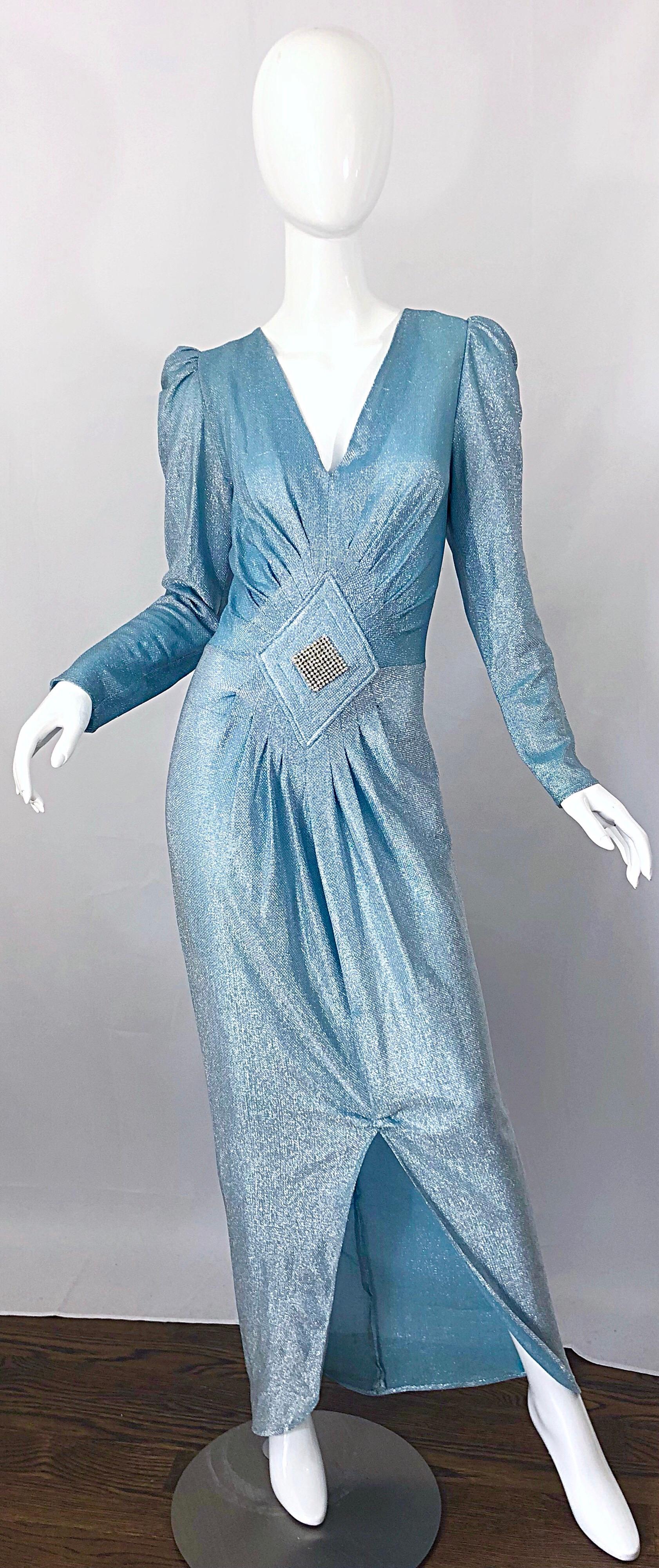 Amazing 1980s Cher Jacque Sky Blue Lurex Rhinestone Vintage 80s Evening Gown 6