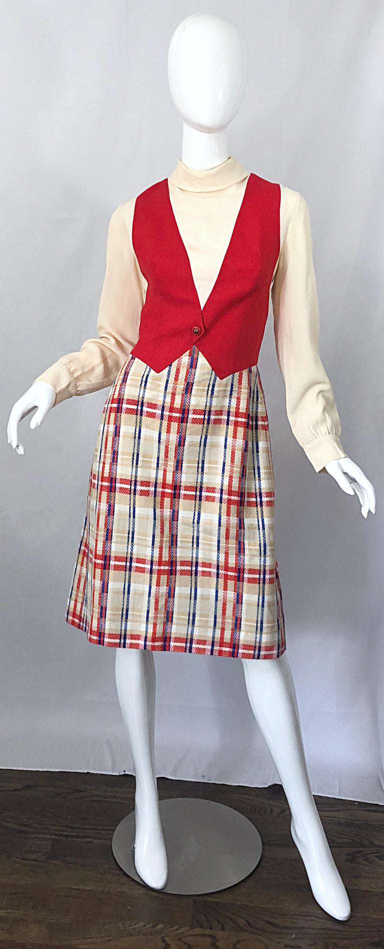 Chic mid 1960s PAT SANDLER red, white (ivory) and blue trompe l'oeil long Sleeve A-Line dress! Features a high necked ivory crepe bodice with a mock vest sewn into the dress to look like the dress is layered, when it is actually one piece. Soft wool