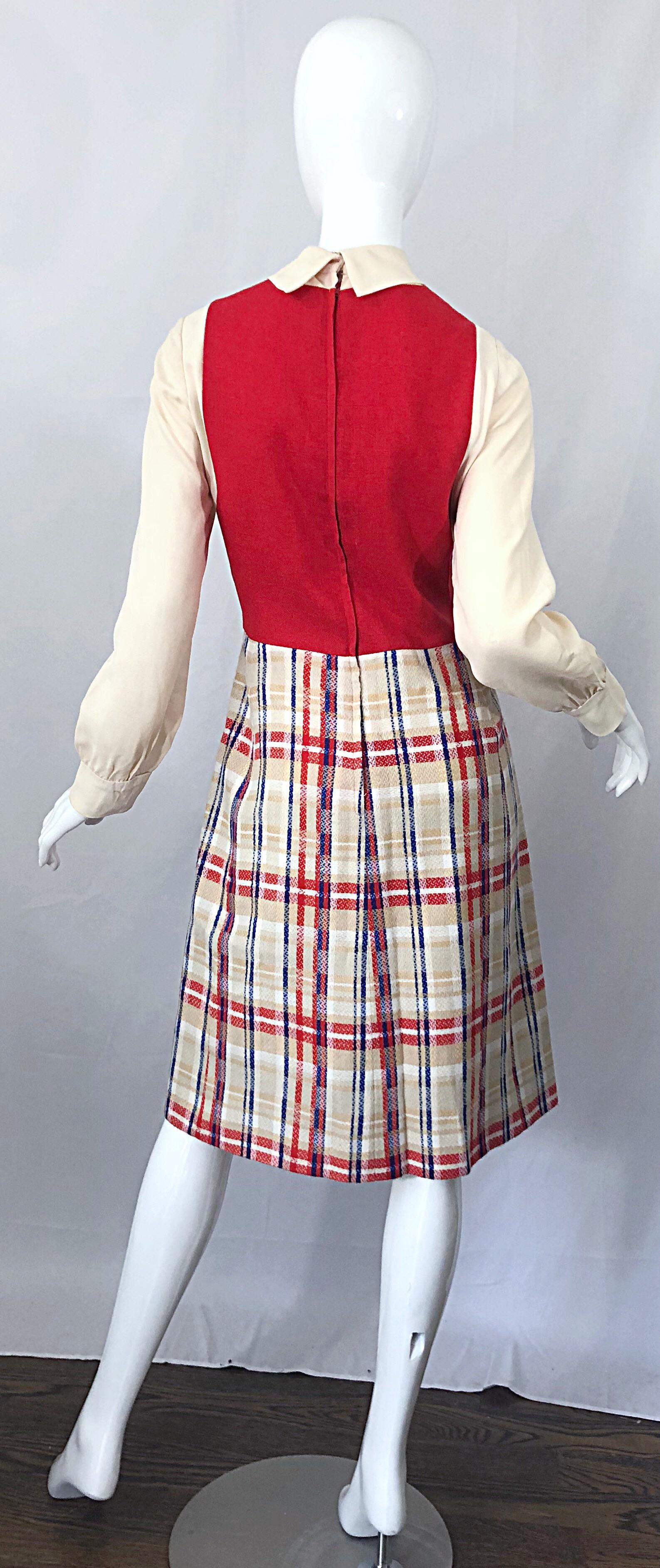 Chic, 1960er Jahre, Pat Sandler, Trompe l'Oeil, rot, weiß und blau, Vintage 60er A-Line-Kleid (Beige) im Angebot