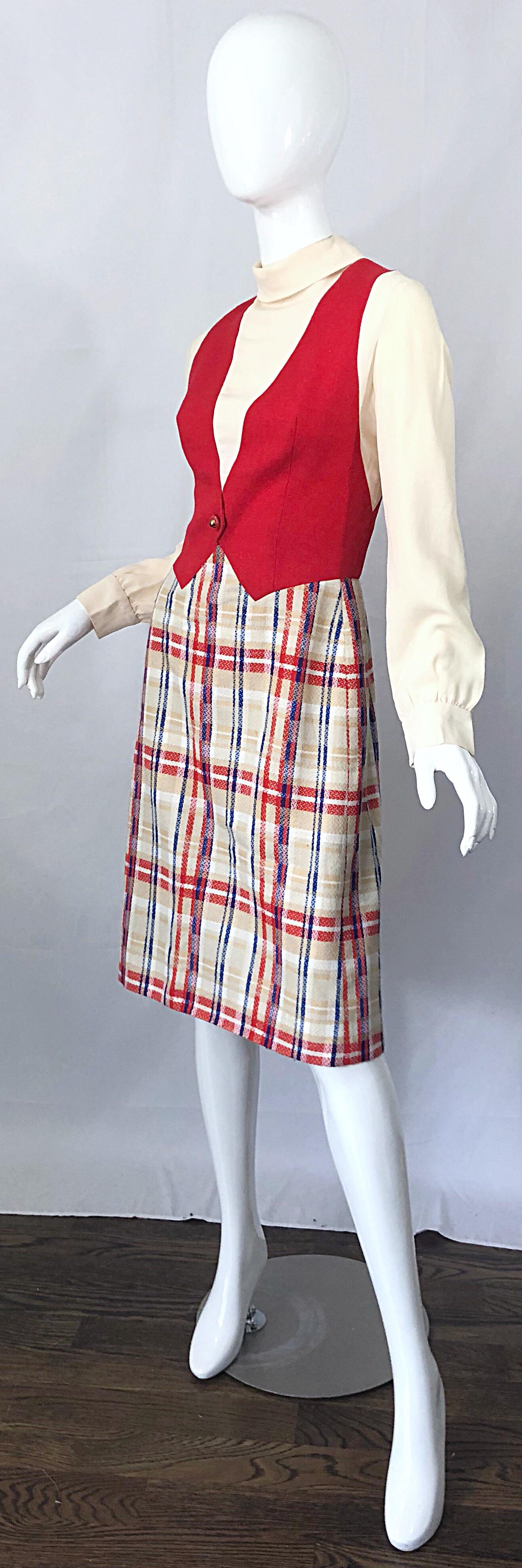 Chic, 1960er Jahre, Pat Sandler, Trompe l'Oeil, rot, weiß und blau, Vintage 60er A-Line-Kleid im Zustand „Hervorragend“ im Angebot in San Diego, CA