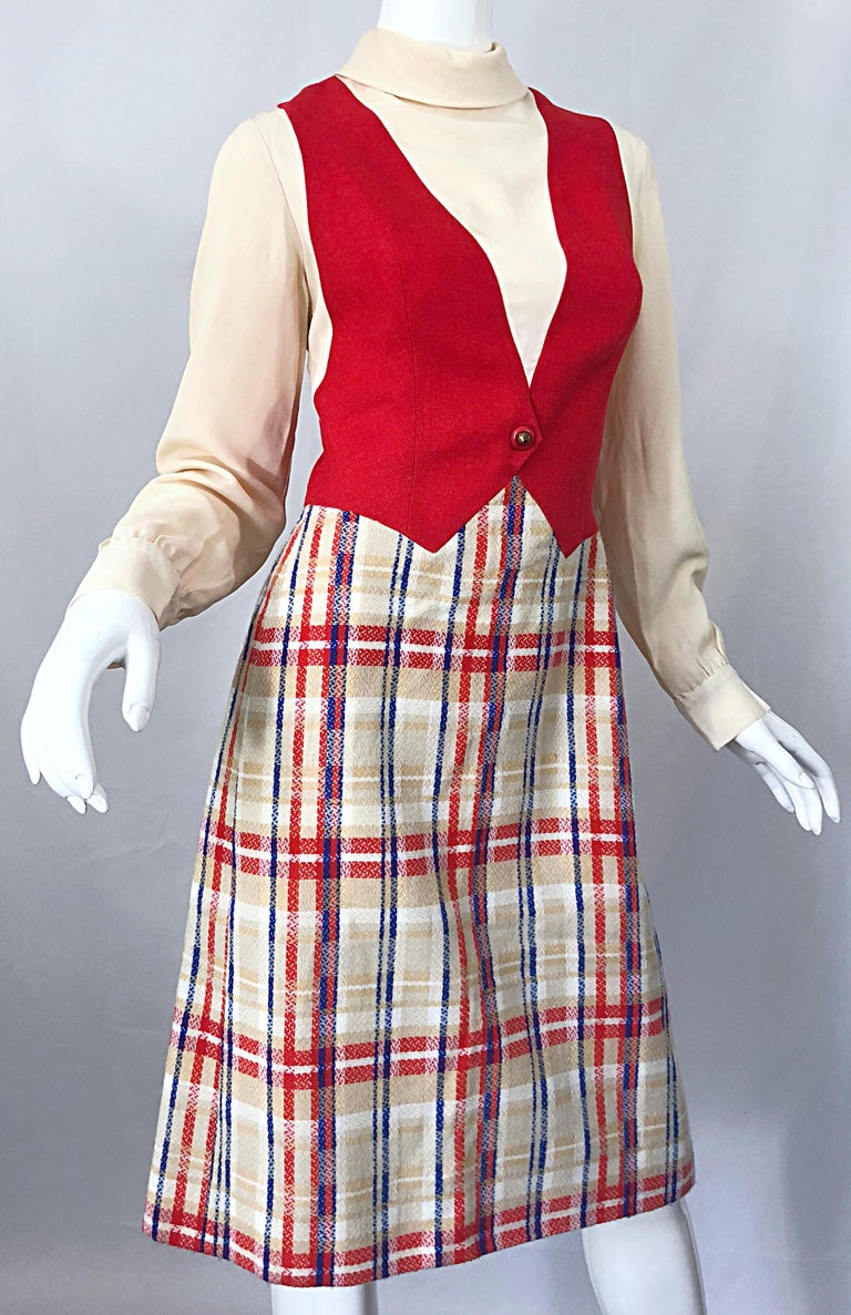 Women's Chic 1960s Pat Sandler Trompe l'Oeil Red White and Blue Vintage 60s A Line Dress For Sale