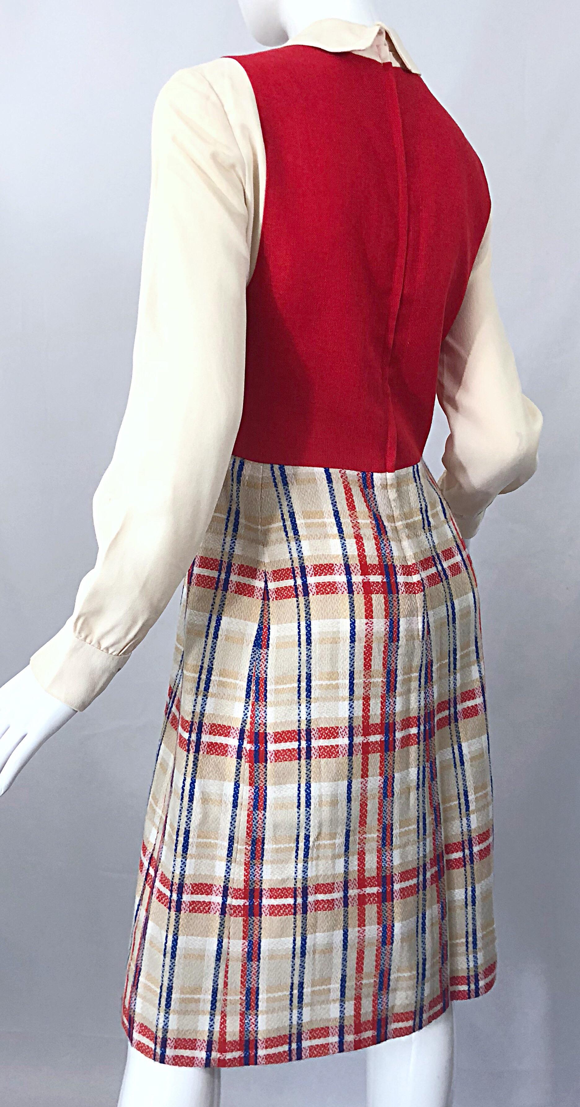 Beige Chic 1960s Pat Sandler Trompe l'Oeil Red White and Blue Vintage 60s A Line Dress For Sale