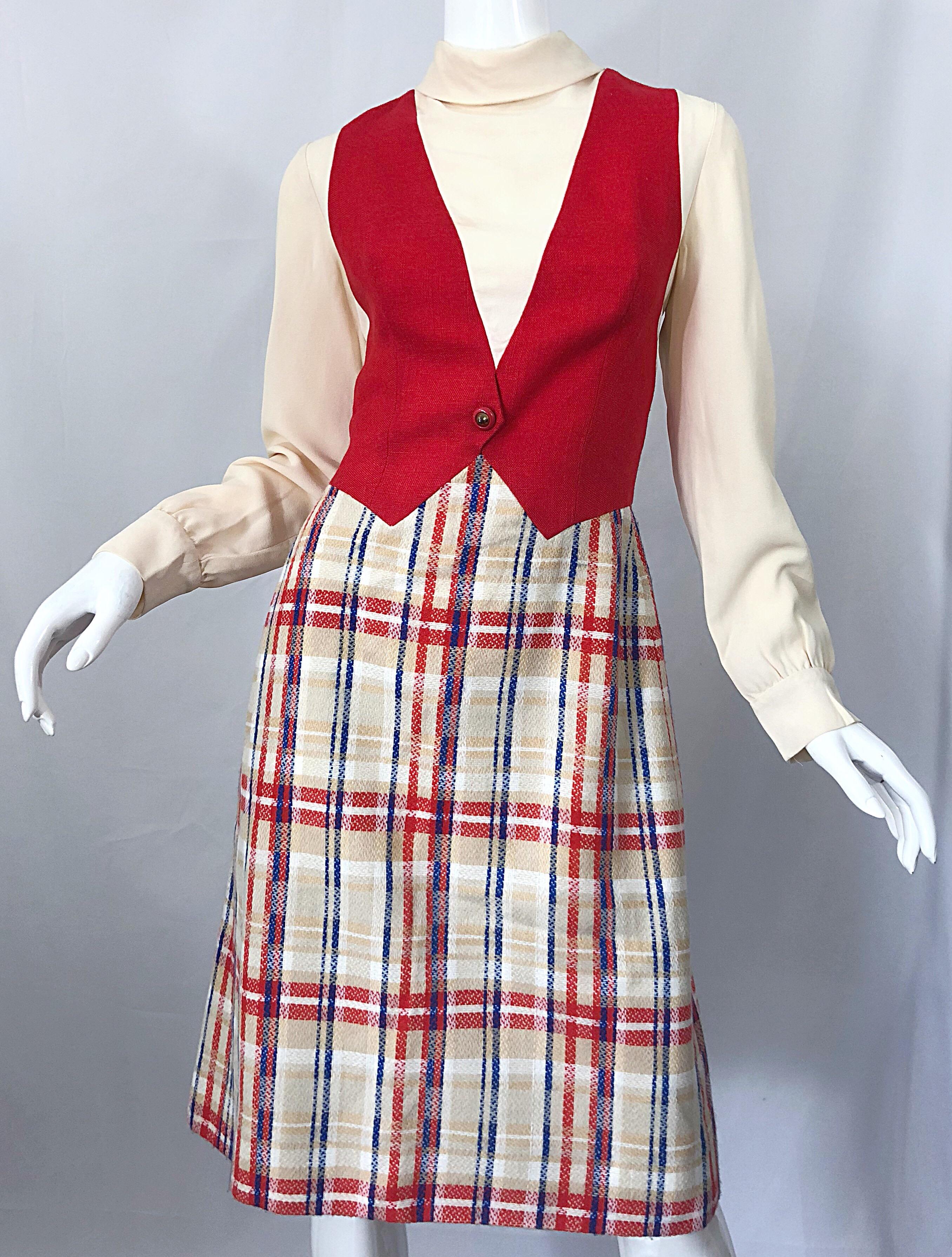 Chic 1960s Pat Sandler Trompe l'Oeil Red White and Blue Vintage 60s A Line Dress In Excellent Condition For Sale In San Diego, CA