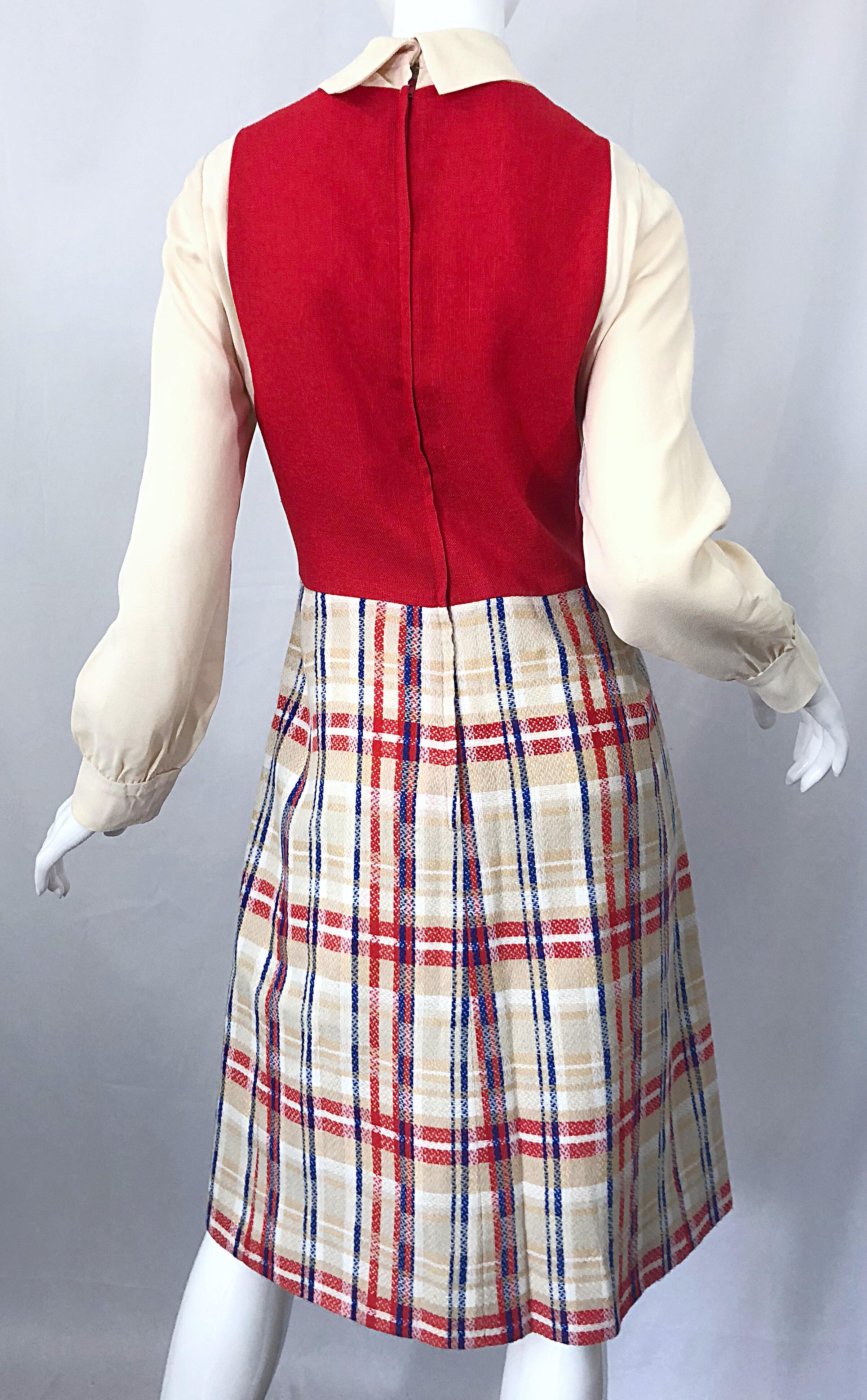 Women's Chic 1960s Pat Sandler Trompe l'Oeil Red White and Blue Vintage 60s A Line Dress For Sale