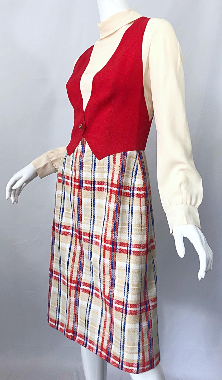 Chic 1960s Pat Sandler Trompe l'Oeil Red White and Blue Vintage 60s A Line Dress For Sale 5