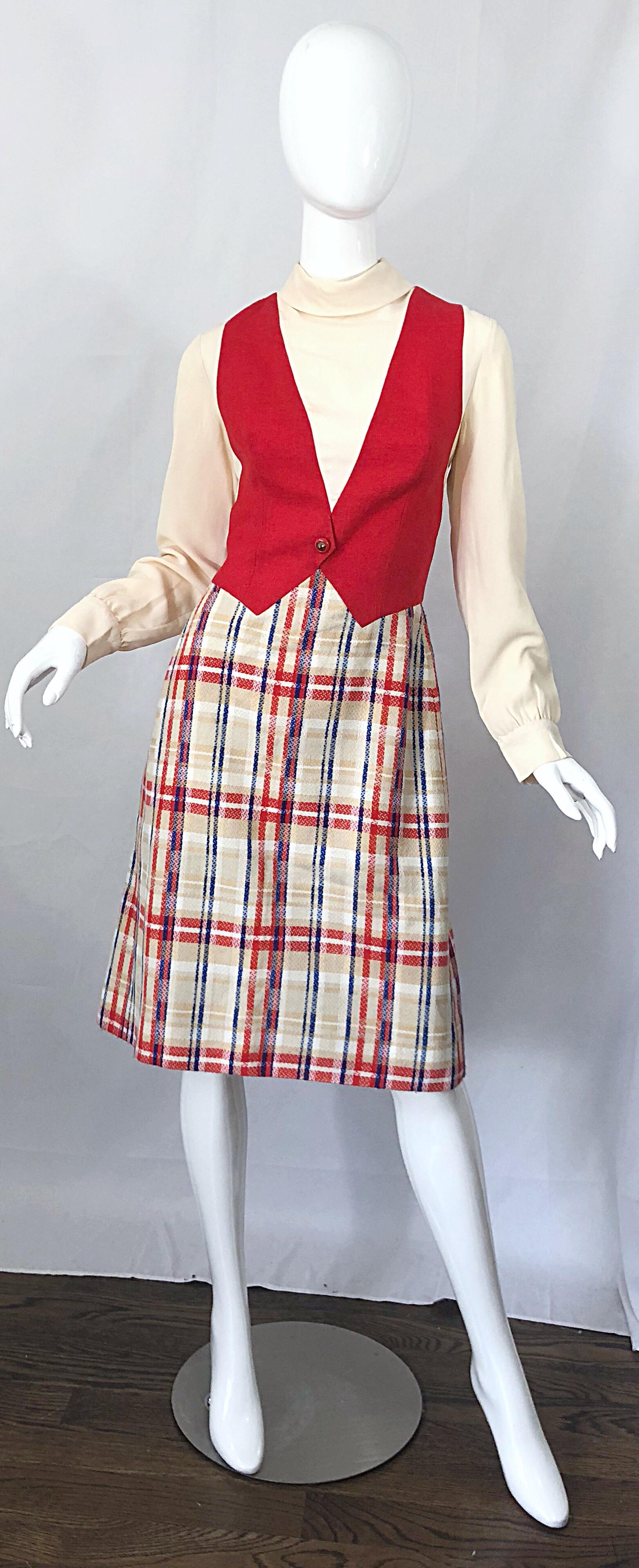 Chic 1960s Pat Sandler Trompe l'Oeil Red White and Blue Vintage 60s A Line Dress For Sale 4