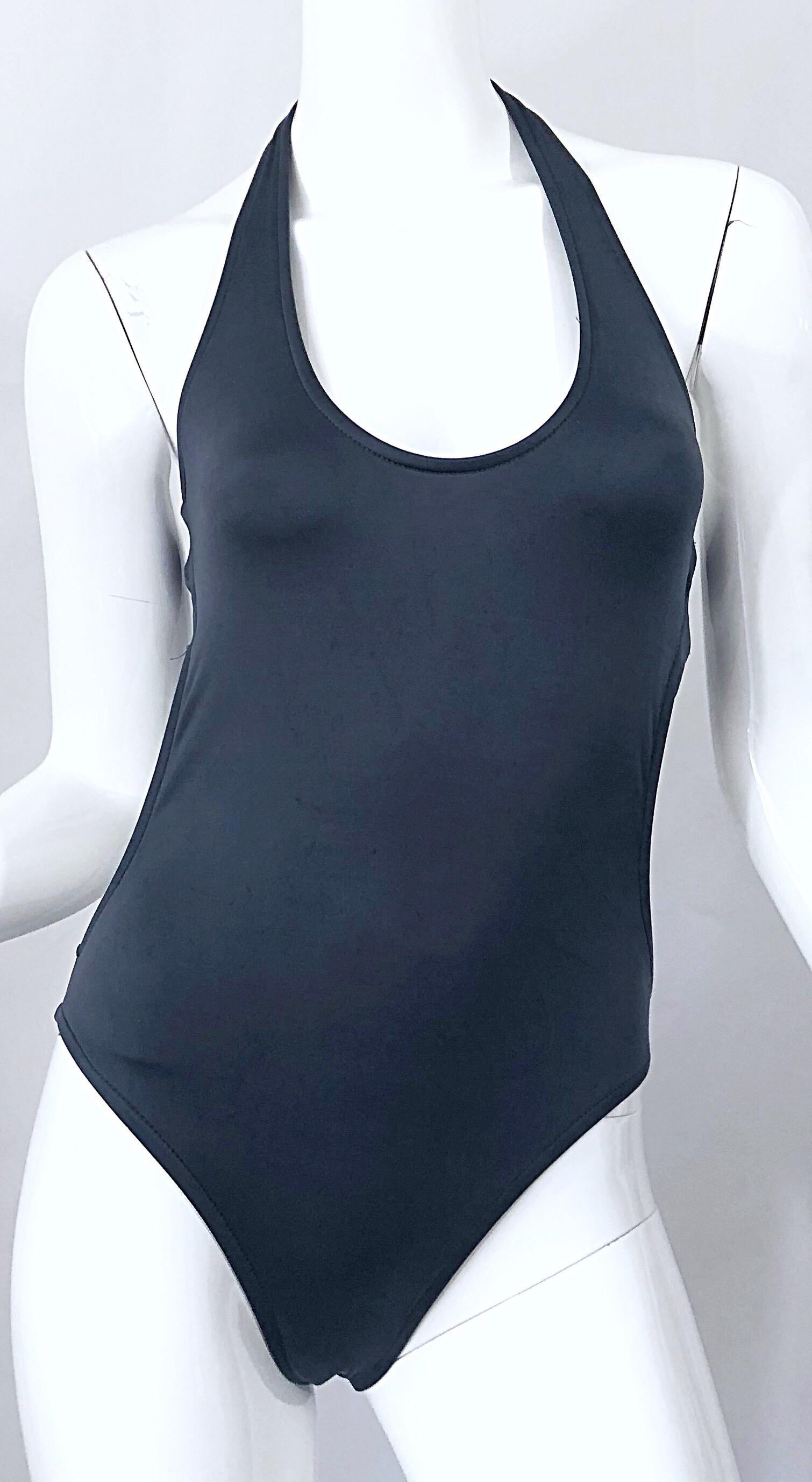 New 1990s Calvin Klein Collection Slate Gray Sexy One Piece Swimsuit / Bodysuit In New Condition For Sale In San Diego, CA