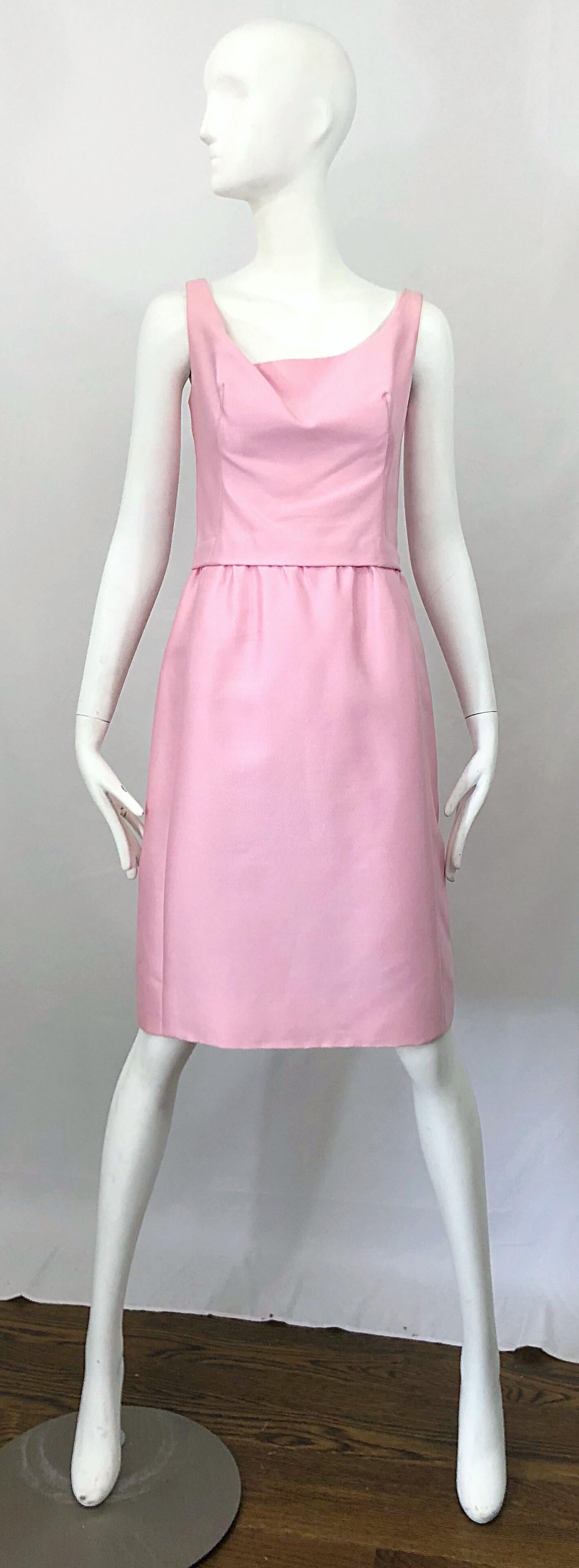 Chic 1960s PAT SANDLER light pink silk shift dress and jacket ensemble!!! Dress is sleeveless with a draped tailored bodice and forgiving fuller skirt. Full metal zipper up the back with hook-and-eye closure. Pillbox jacket has a bow at center waist