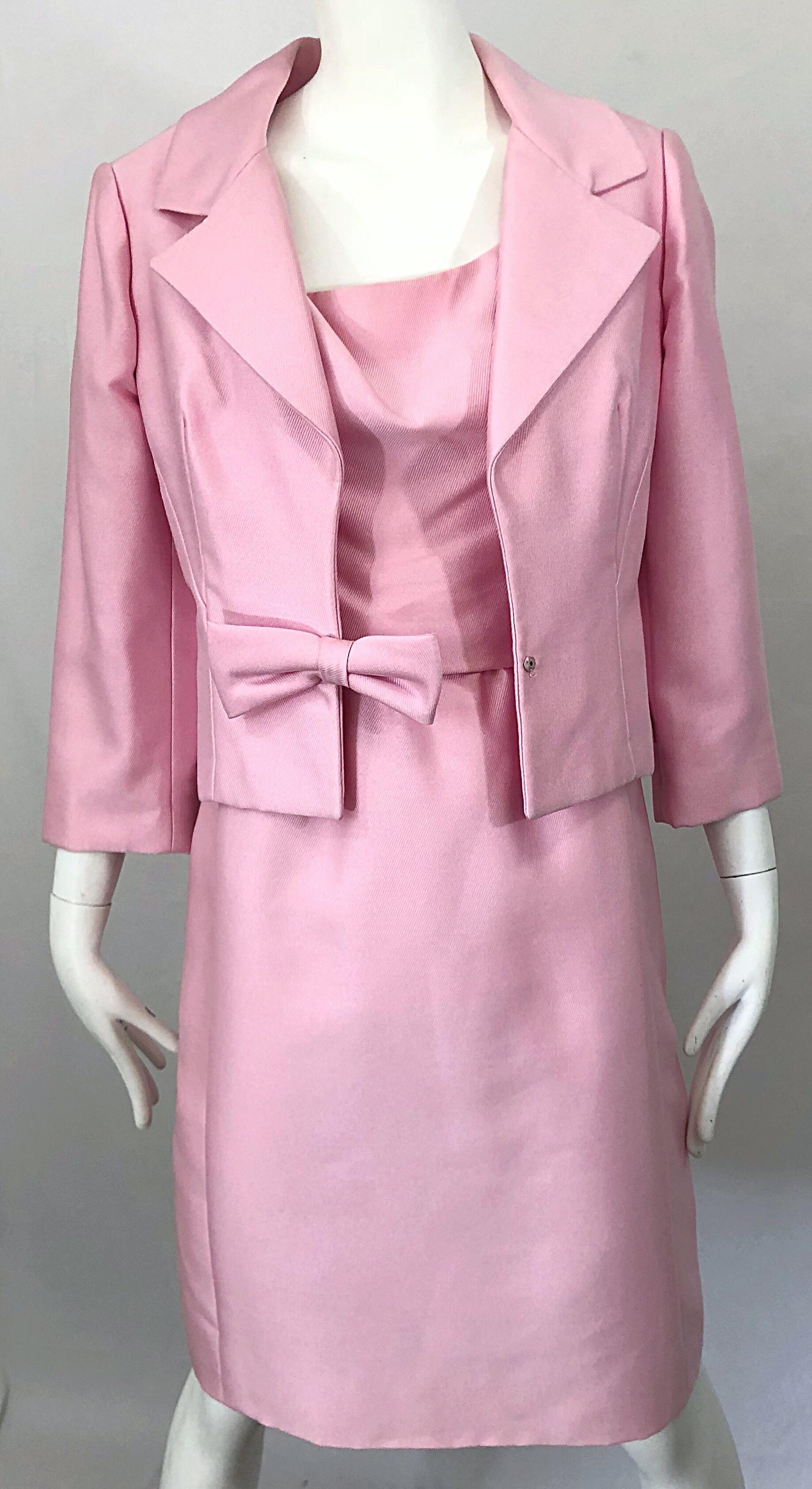 Chic 1960s Pat Sandler Light Pink Vintage 60s Silk Shift Dress and Jacket Suit For Sale 1