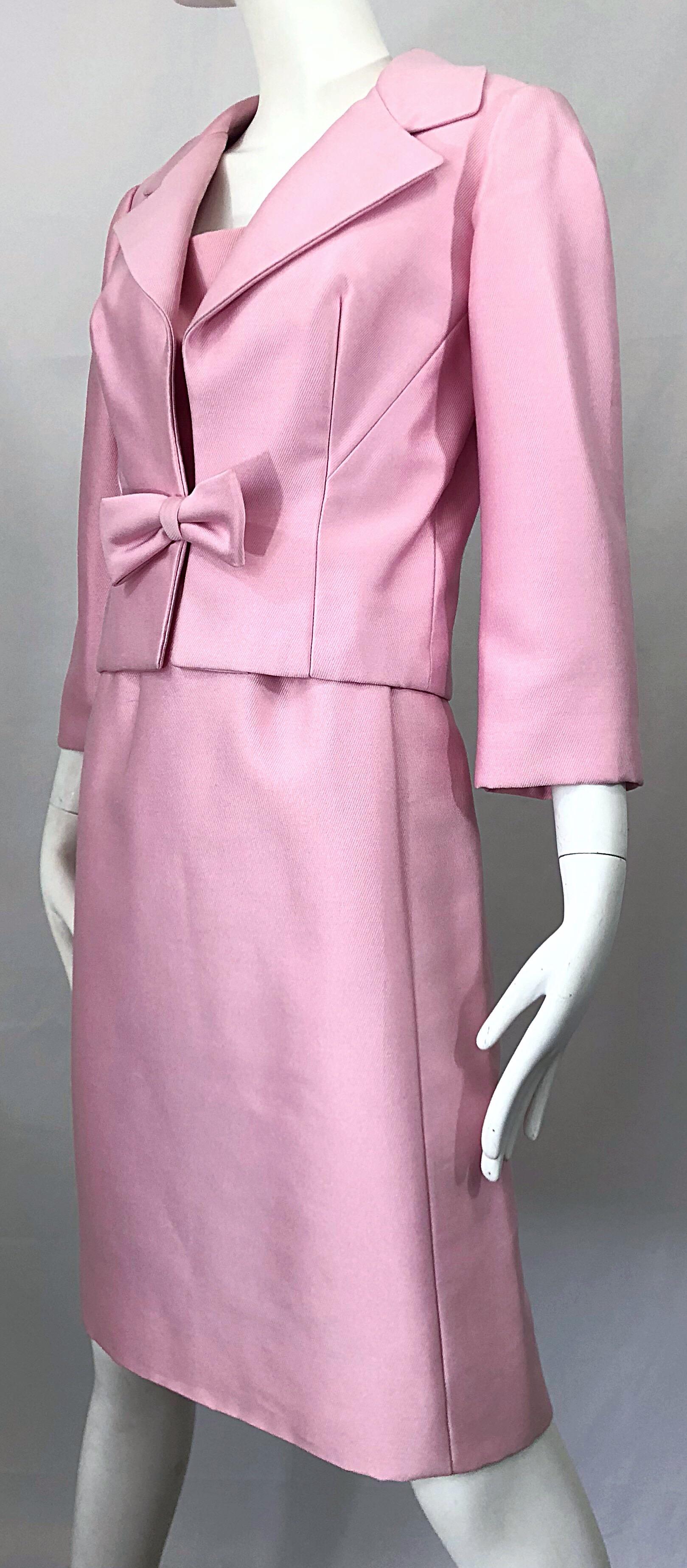 Chic 1960s Pat Sandler Light Pink Vintage 60s Silk Shift Dress and Jacket Suit For Sale 4
