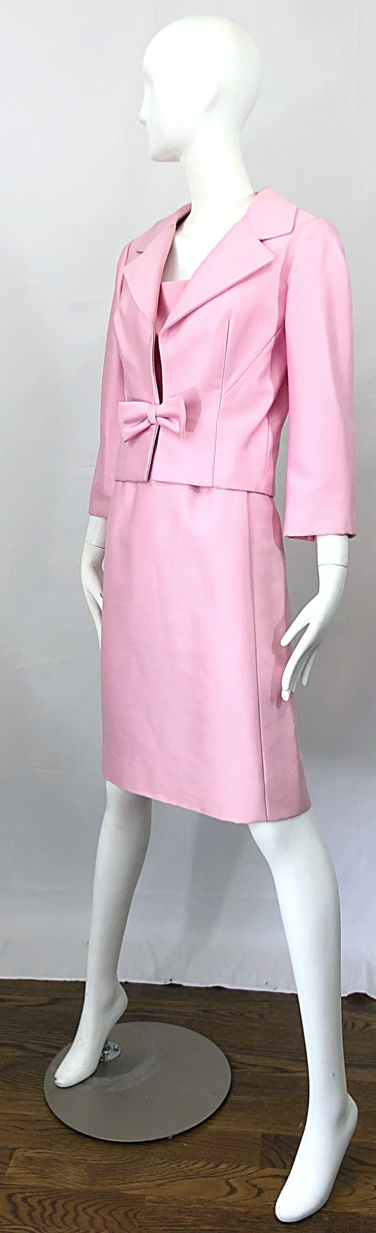 Chic 1960s Pat Sandler Light Pink Vintage 60s Silk Shift Dress and Jacket Suit For Sale 6