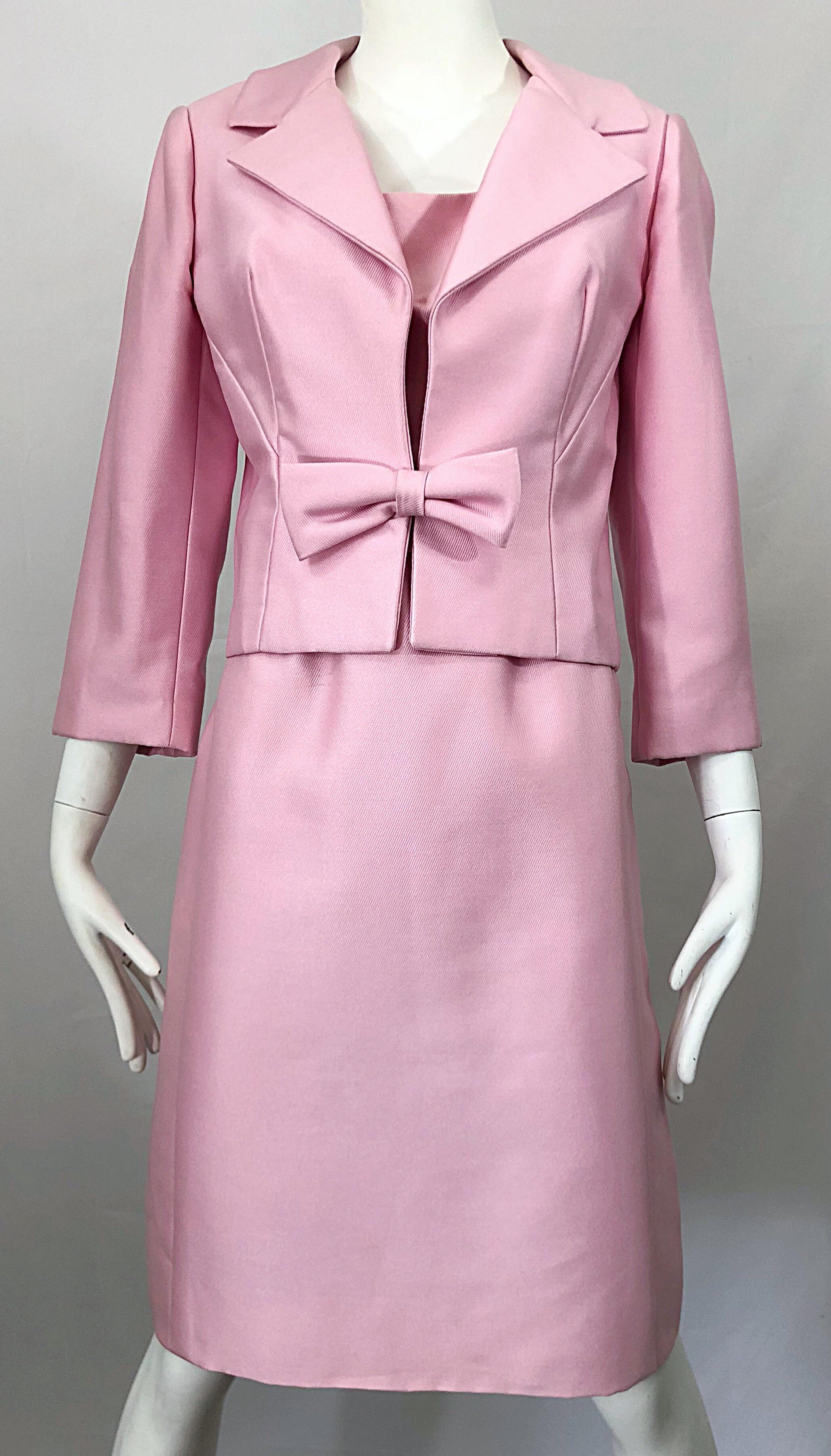 Chic 1960s Pat Sandler Light Pink Vintage 60s Silk Shift Dress and Jacket Suit For Sale 8