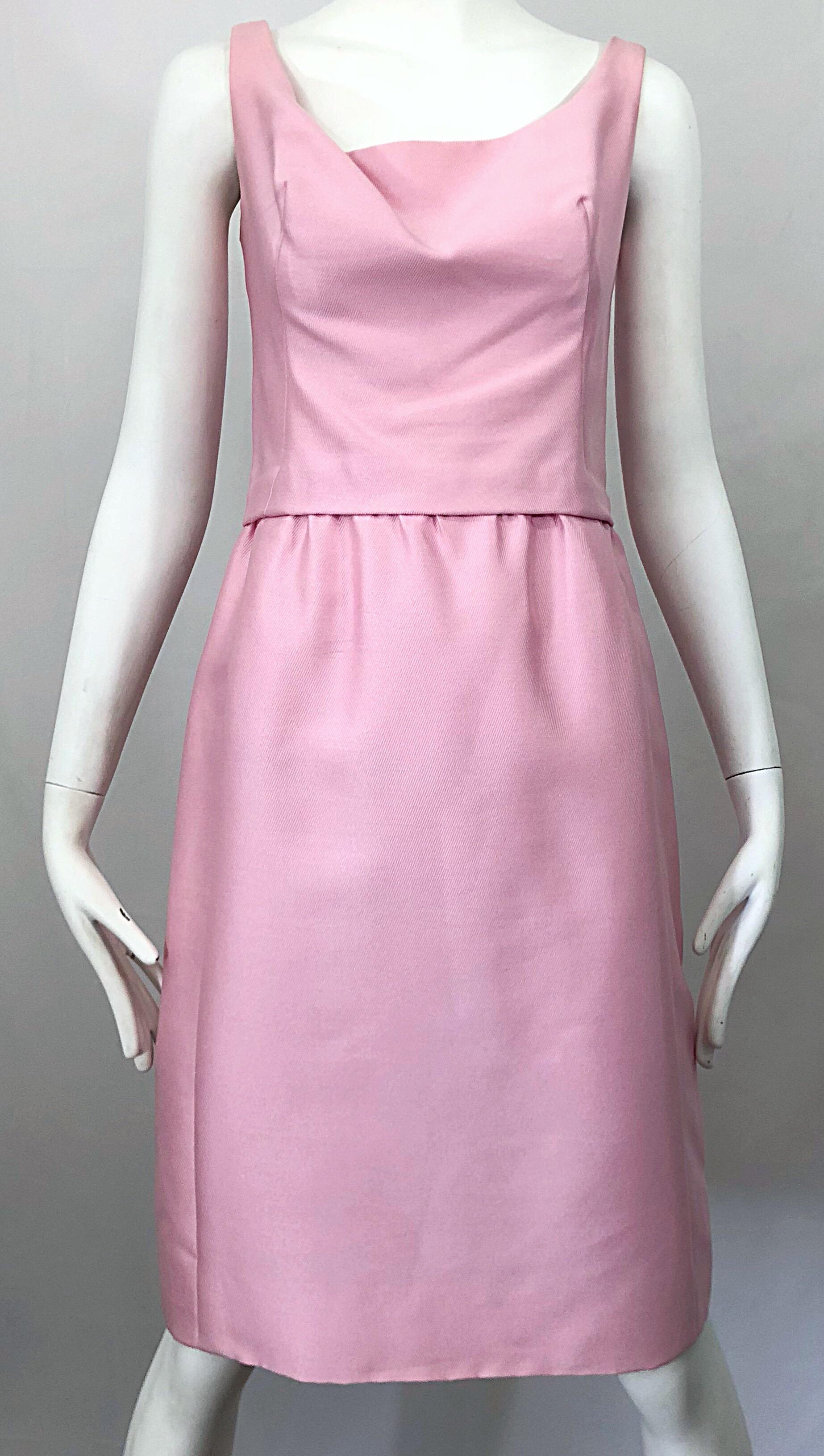 Chic 1960s Pat Sandler Light Pink Vintage 60s Silk Shift Dress and Jacket Suit For Sale 9