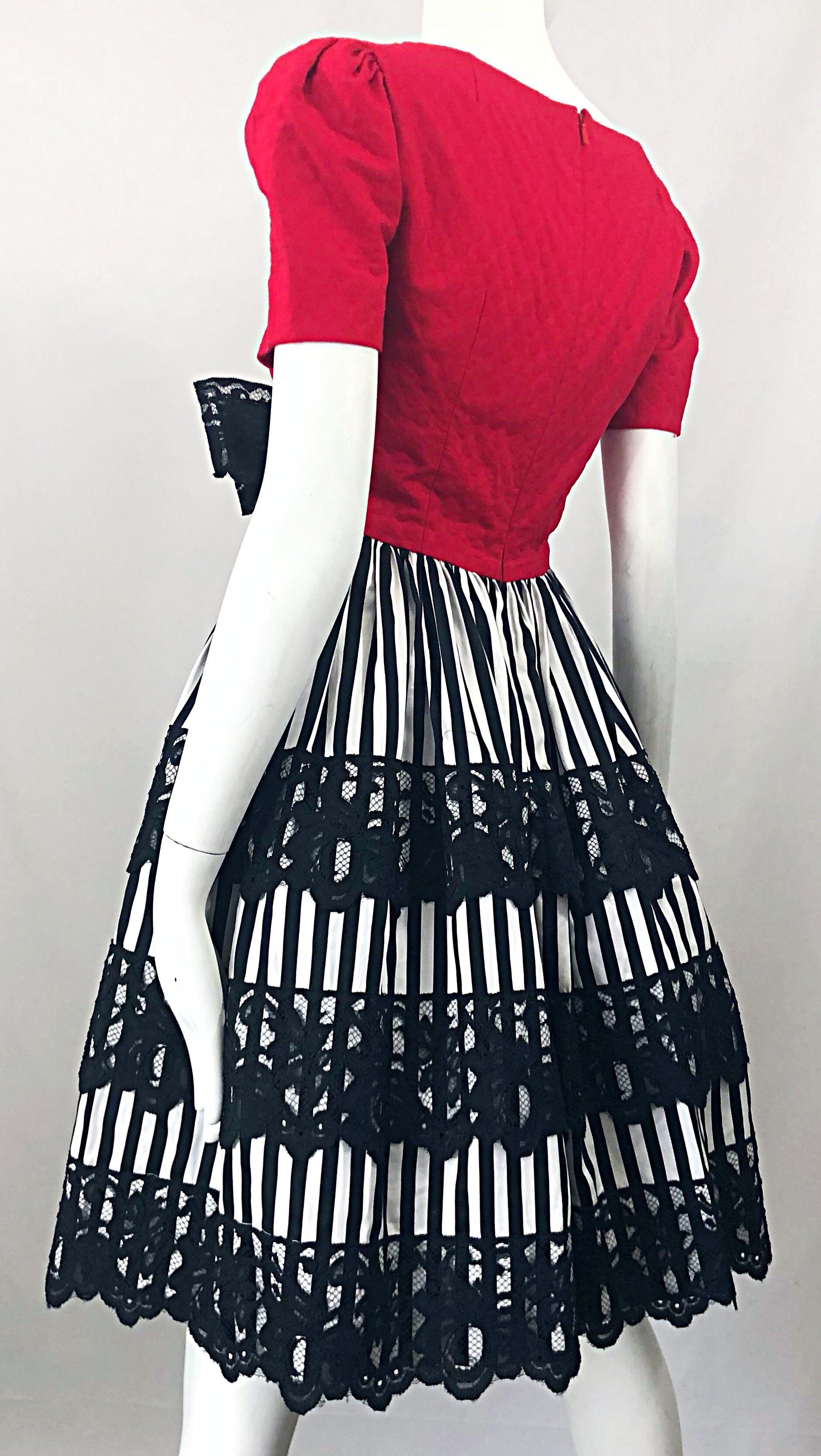 Vintage Adele Simpson 1980s Red Black White Fit n' Flare Empire Bow Lace Dress 2