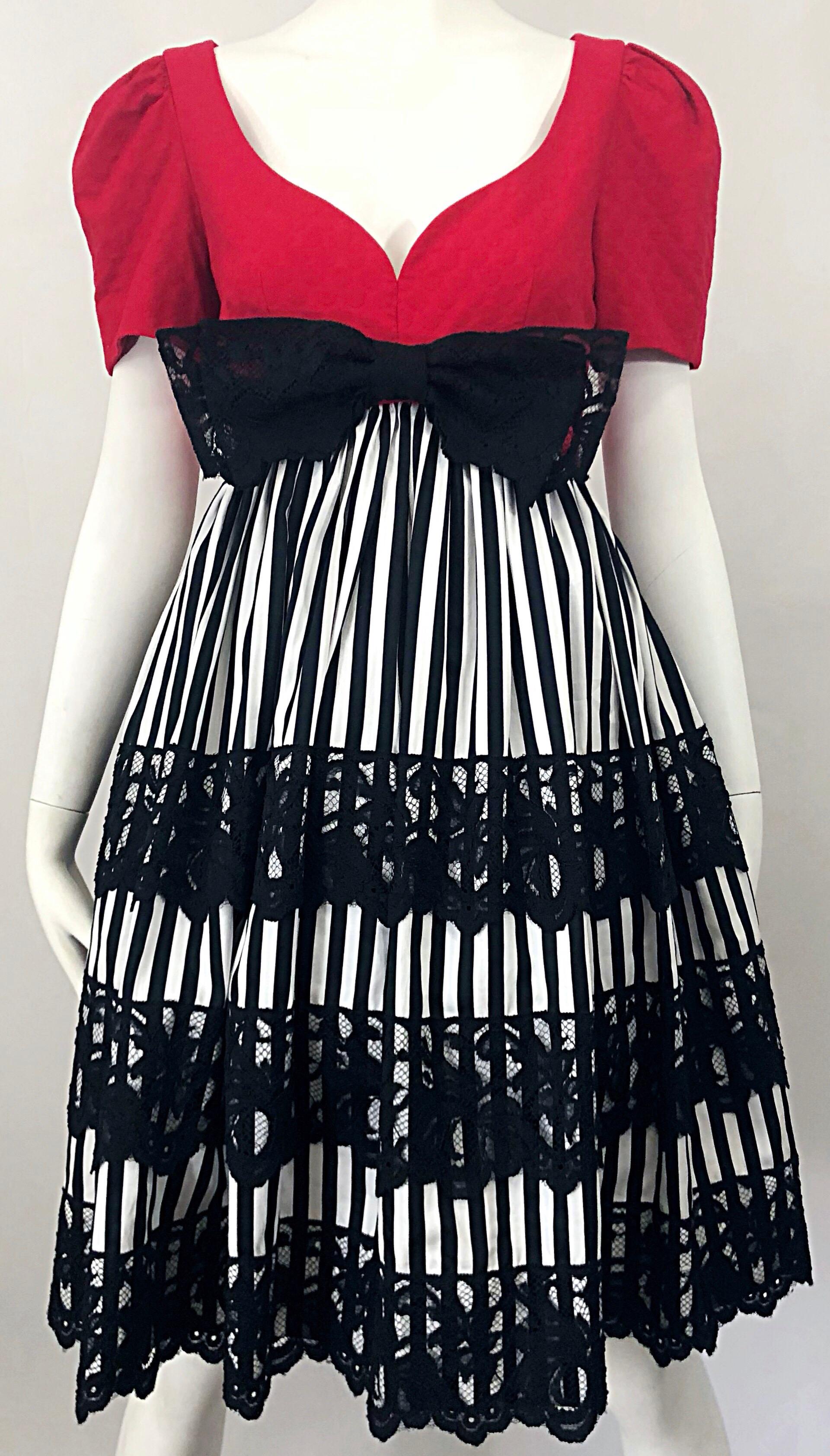 Vintage Adele Simpson 1980s Red Black White Fit n' Flare Empire Bow Lace Dress 1