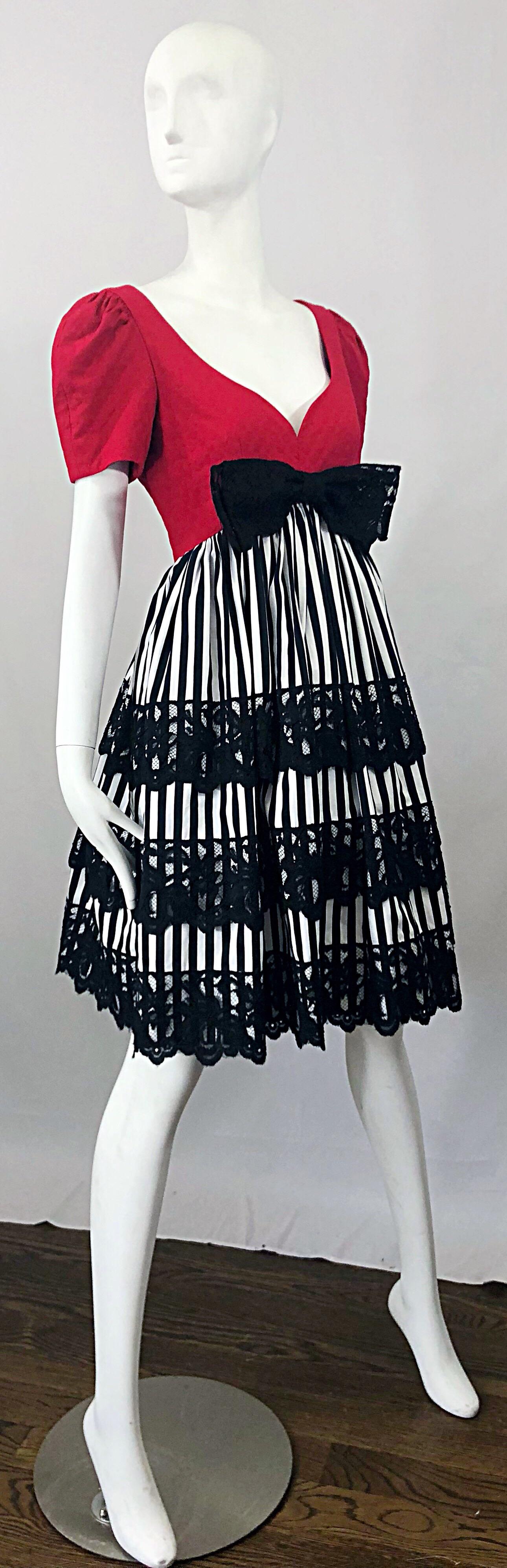 Vintage Adele Simpson 1980s Red Black White Fit n' Flare Empire Bow Lace Dress 4
