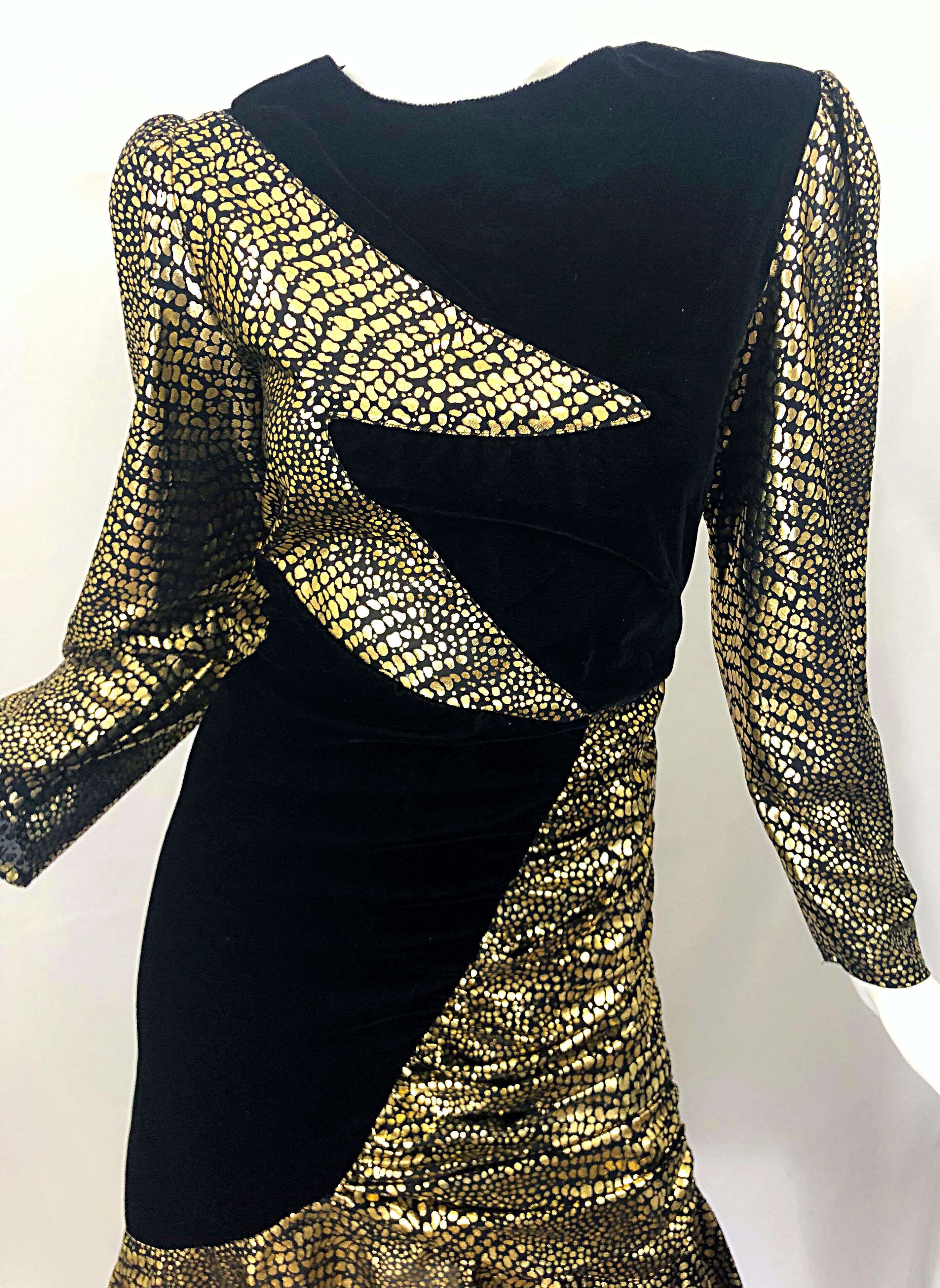 Fabulous 1980s Gold + Black Avant Garde Velvet Lame Long Sleeve 80s Dress In Excellent Condition In San Diego, CA