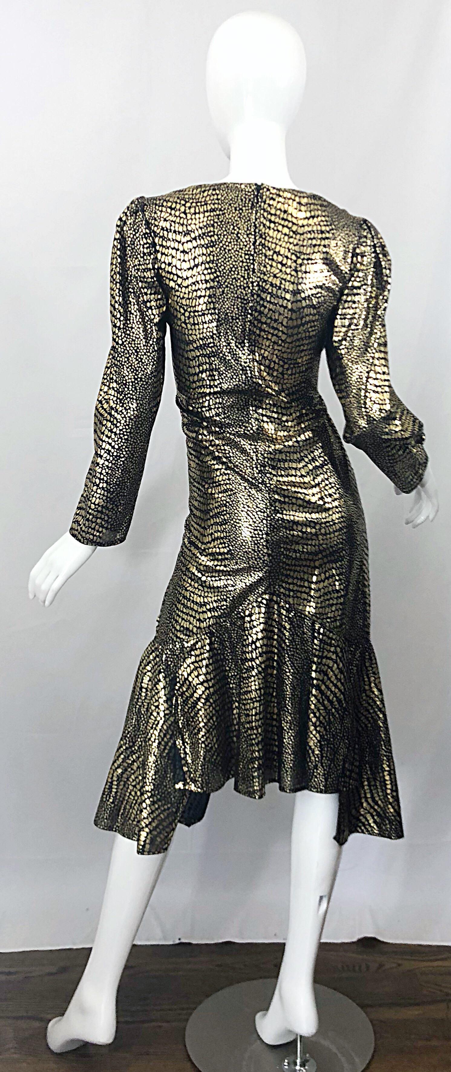 Women's Fabulous 1980s Gold + Black Avant Garde Velvet Lame Long Sleeve 80s Dress