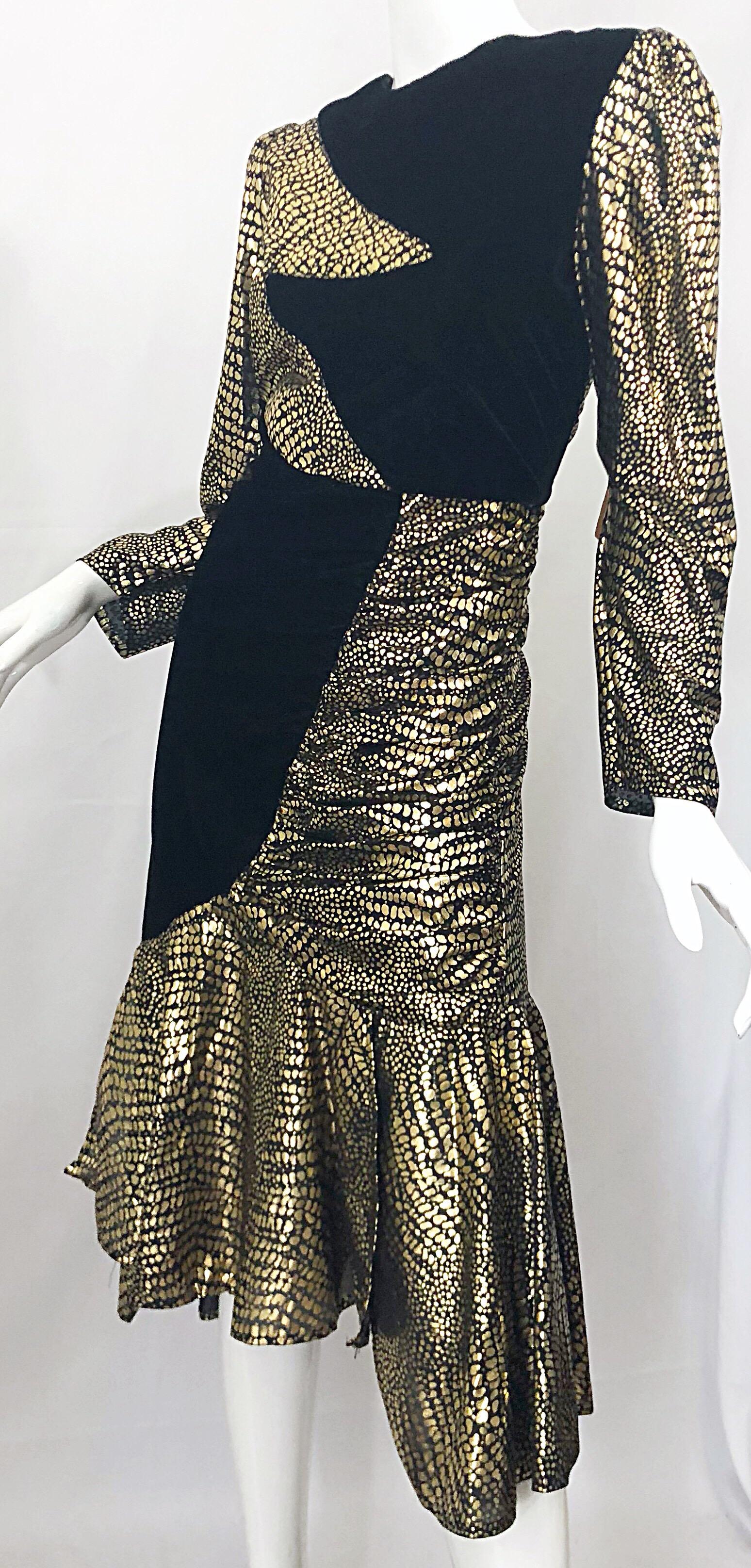 Fabulous 1980s Gold + Black Avant Garde Velvet Lame Long Sleeve 80s Dress 1