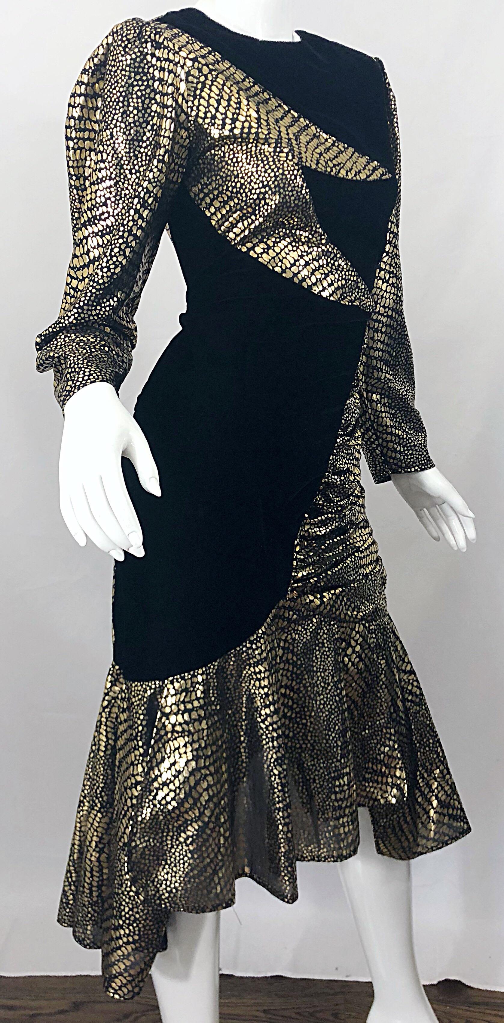 Fabulous 1980s Gold + Black Avant Garde Velvet Lame Long Sleeve 80s Dress 2